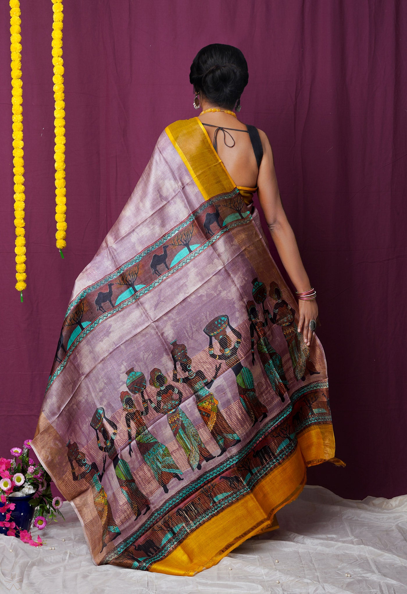 Peach Pink Pure Handloom Designer Printed Bengal Tussar Silk Saree