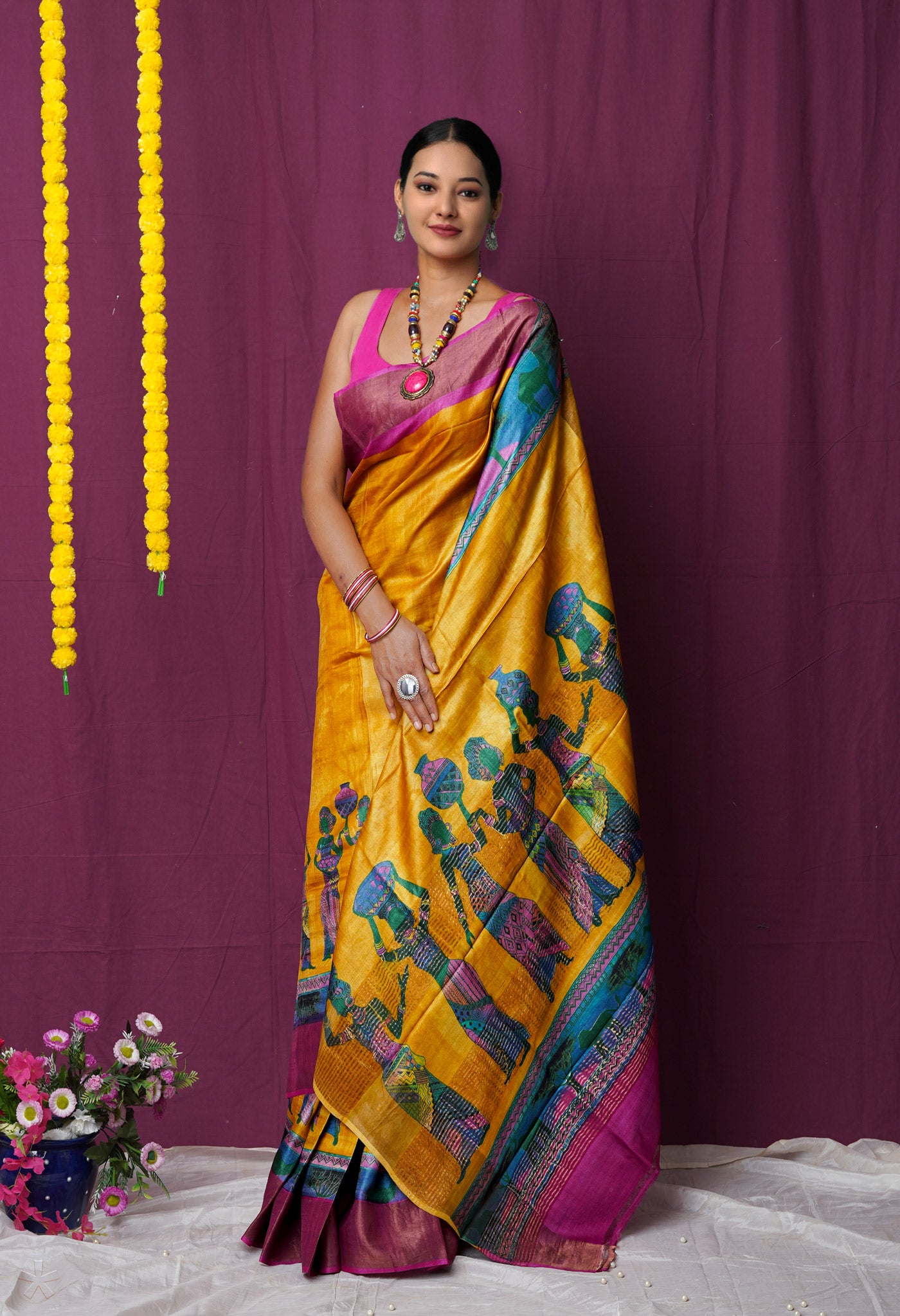 Yellow Pure Handloom Designer Printed Bengal Tussar Silk Saree