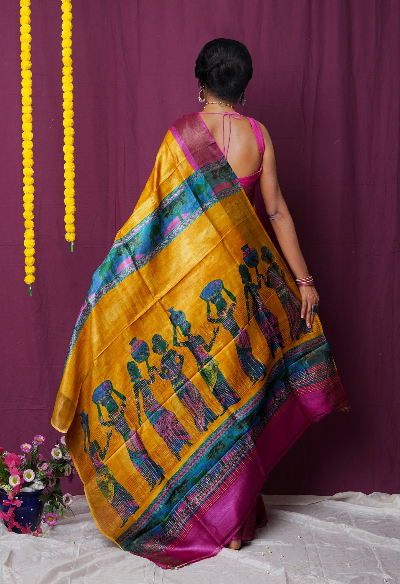 Yellow Pure Handloom Designer Printed Bengal Tussar Silk Saree