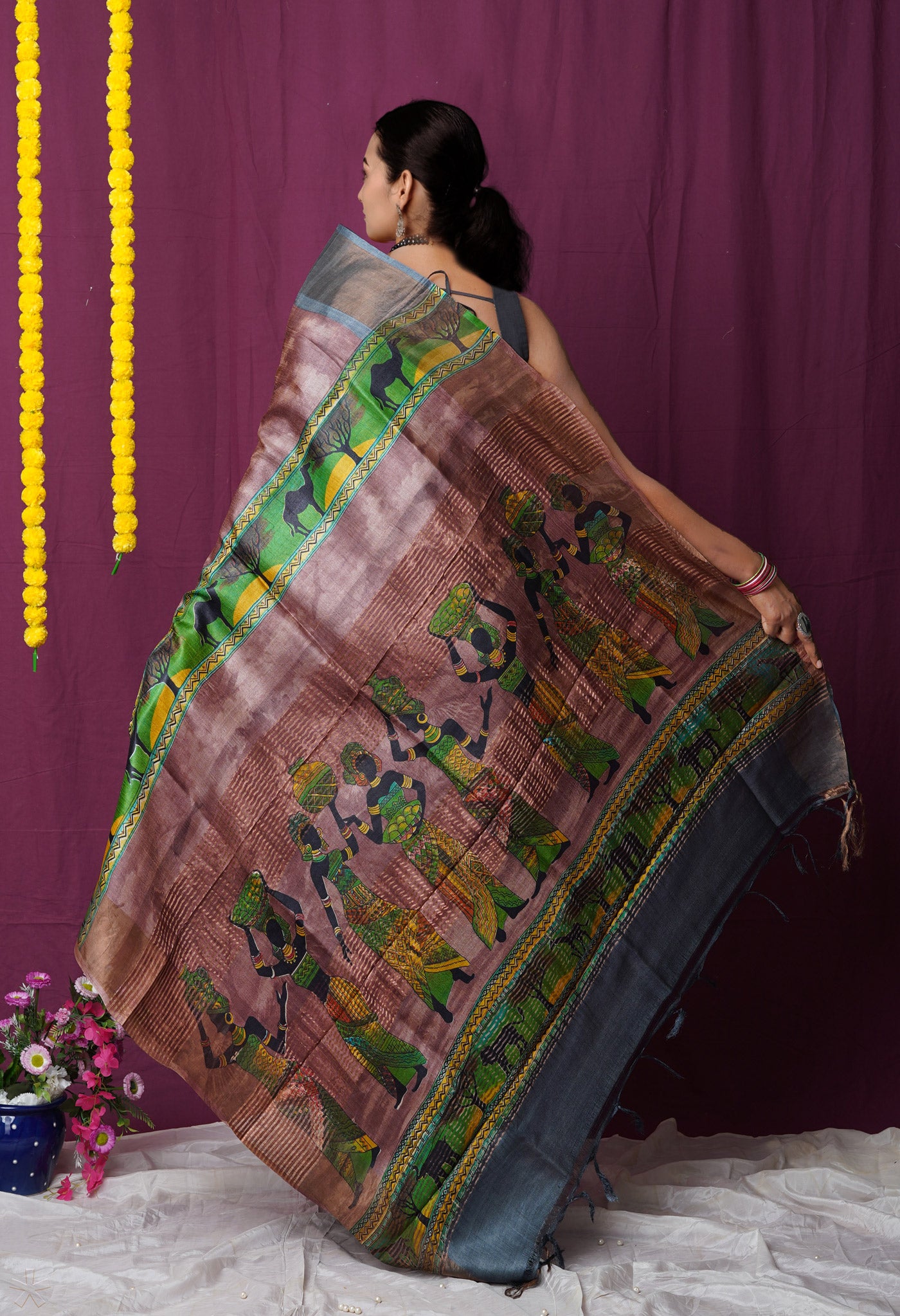 Peach Pink Pure Handloom Designer Printed Bengal Tussar Silk Saree