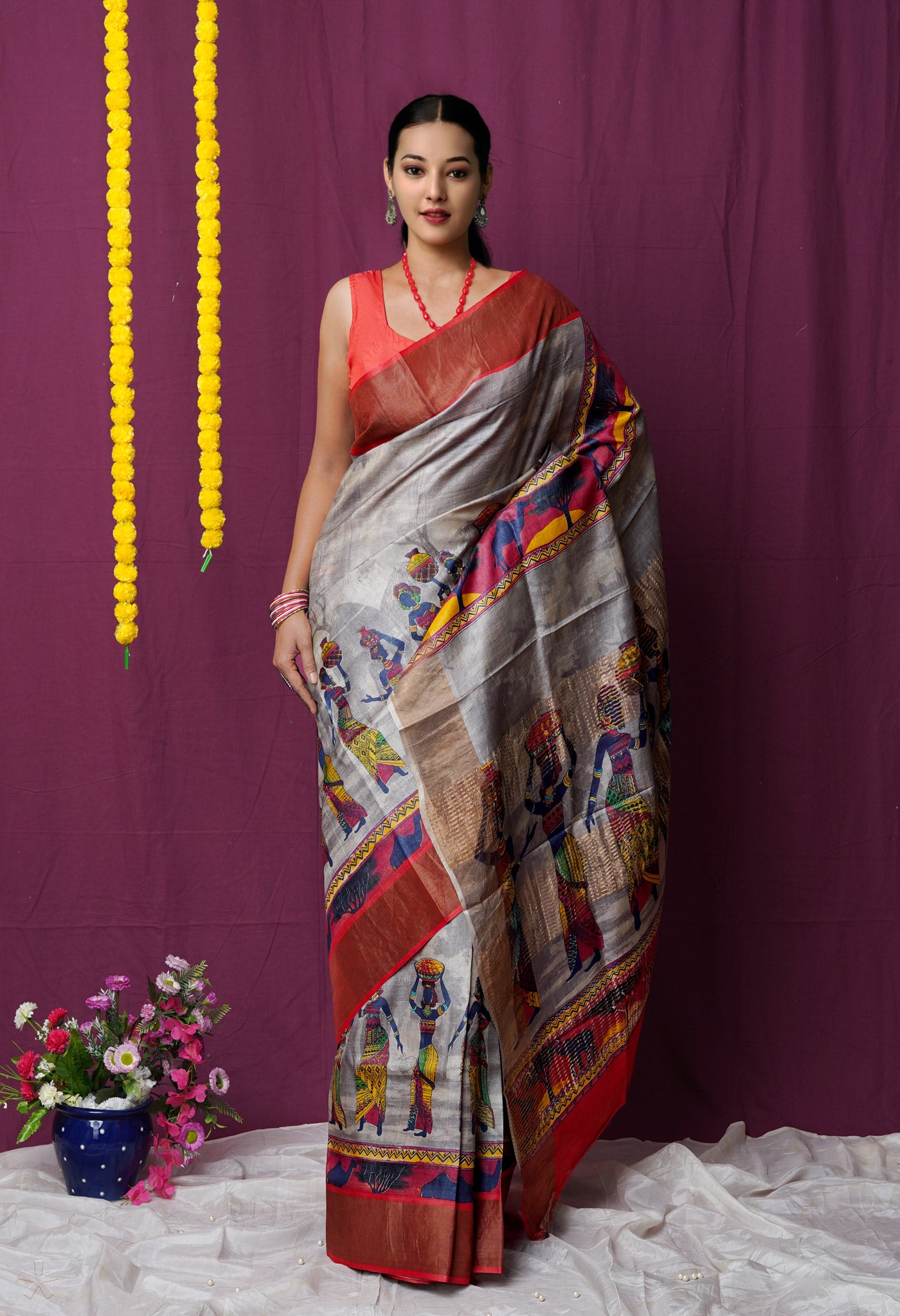 Grey Pure Handloom Designer Printed Bengal Tussar Silk Saree