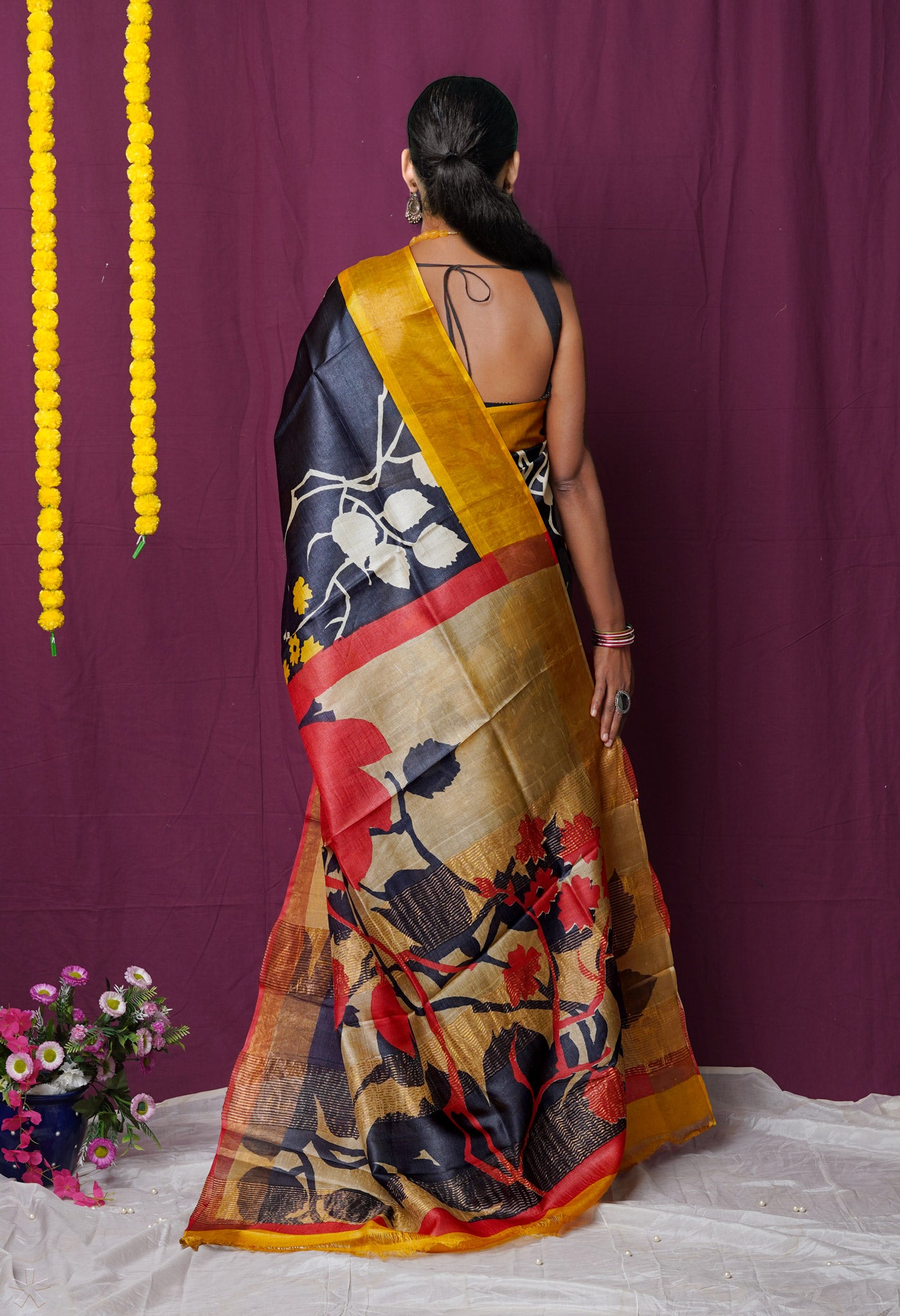 Black Pure Handloom Designer Printed Bengal Tussar Silk Saree