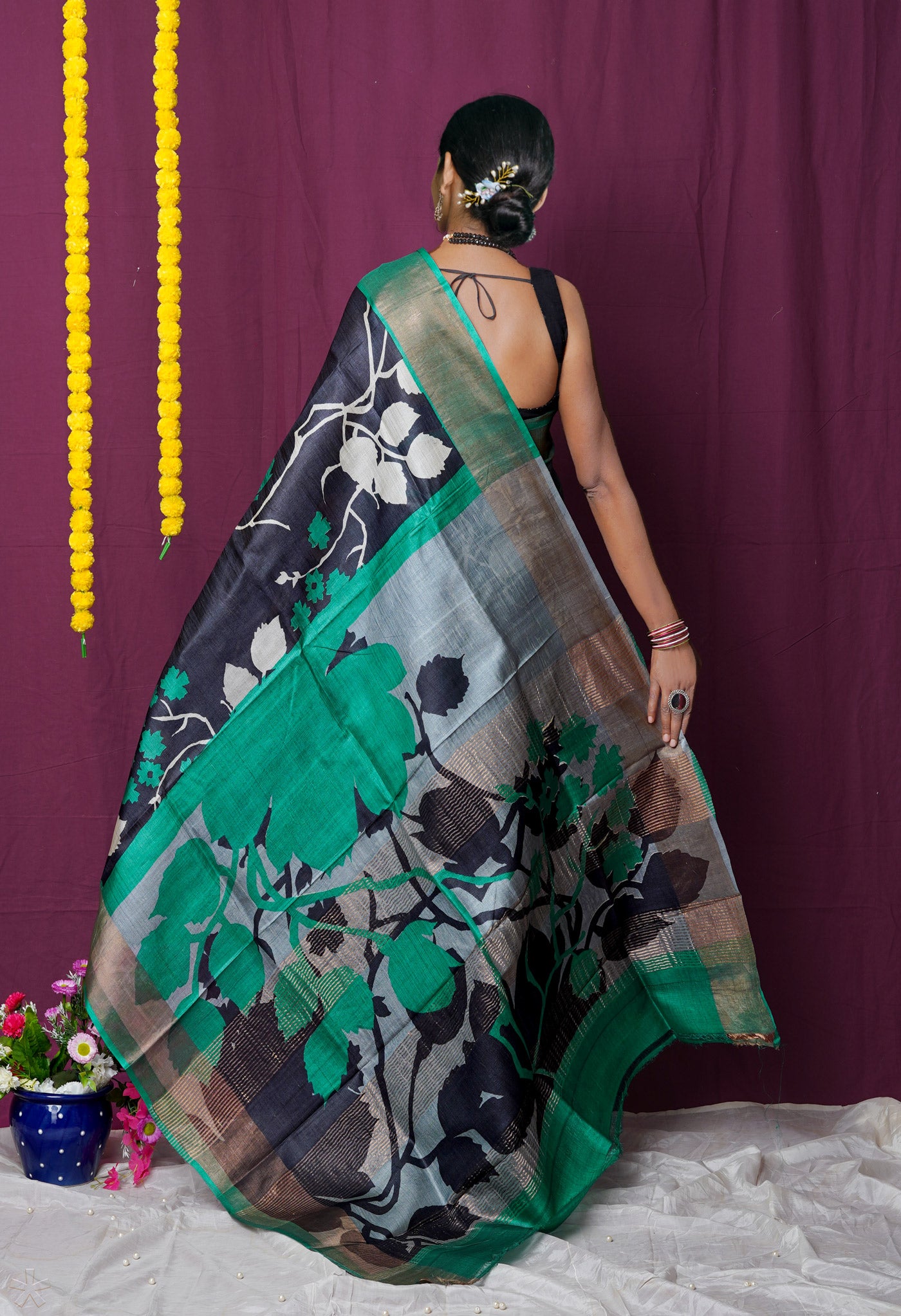 Black Pure Handloom Designer Printed Bengal Tussar Silk Saree