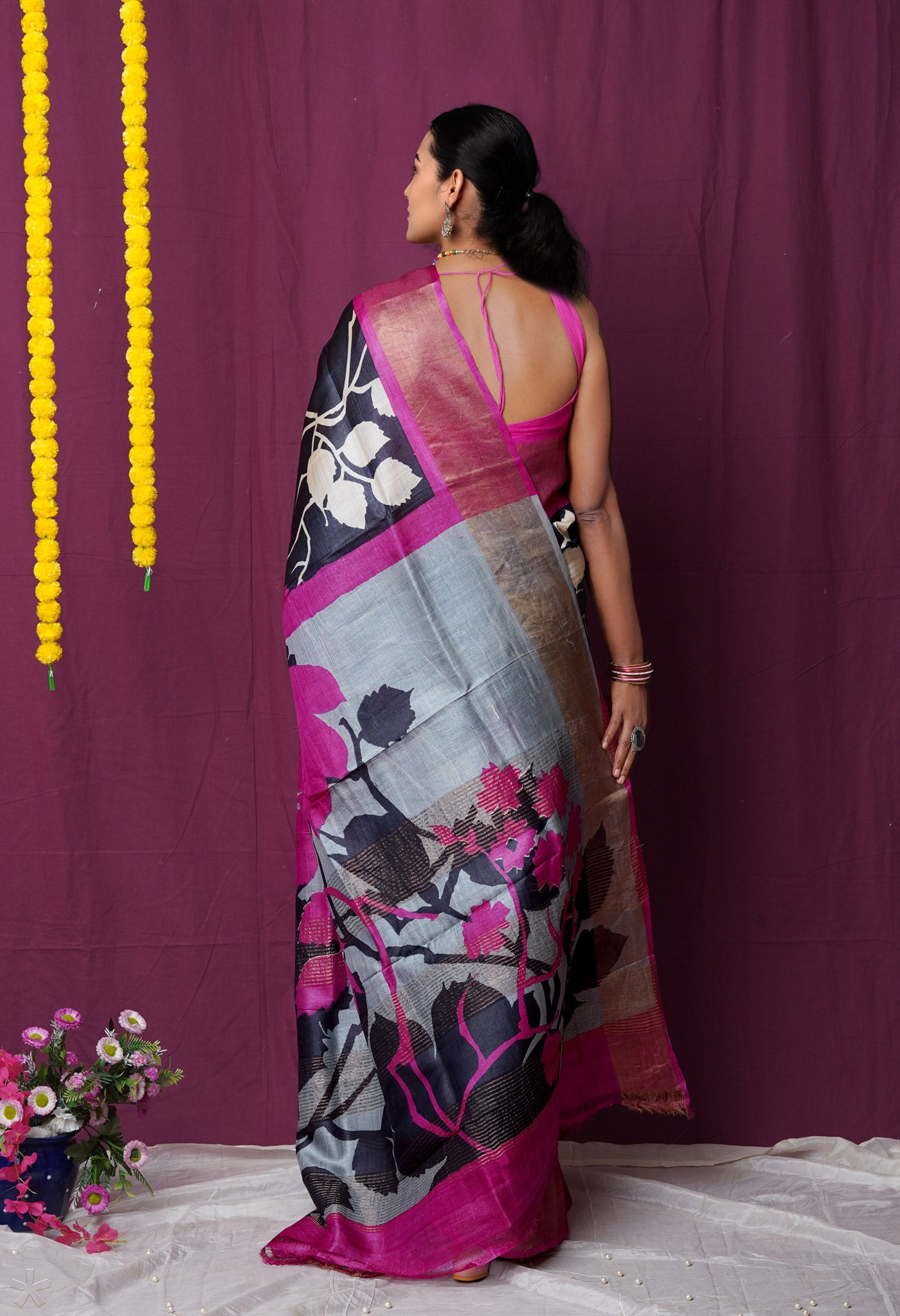 Black Pure Handloom Designer Printed Bengal Tussar Silk Saree