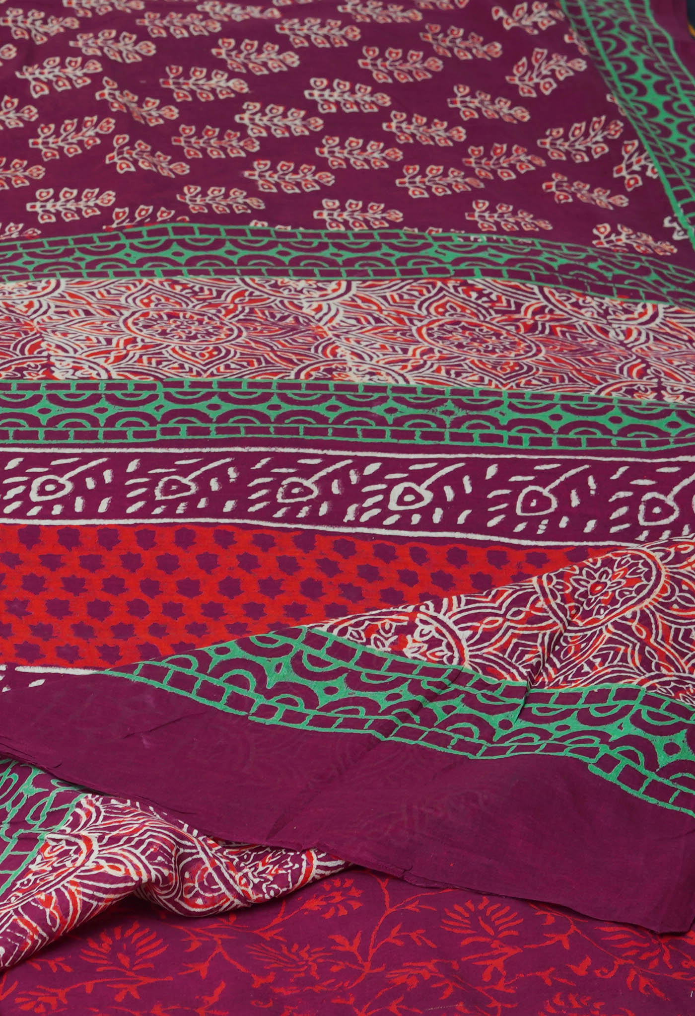 Maroon Pure  Ajrakh Pinted Superfine Mulmul Cotton Saree