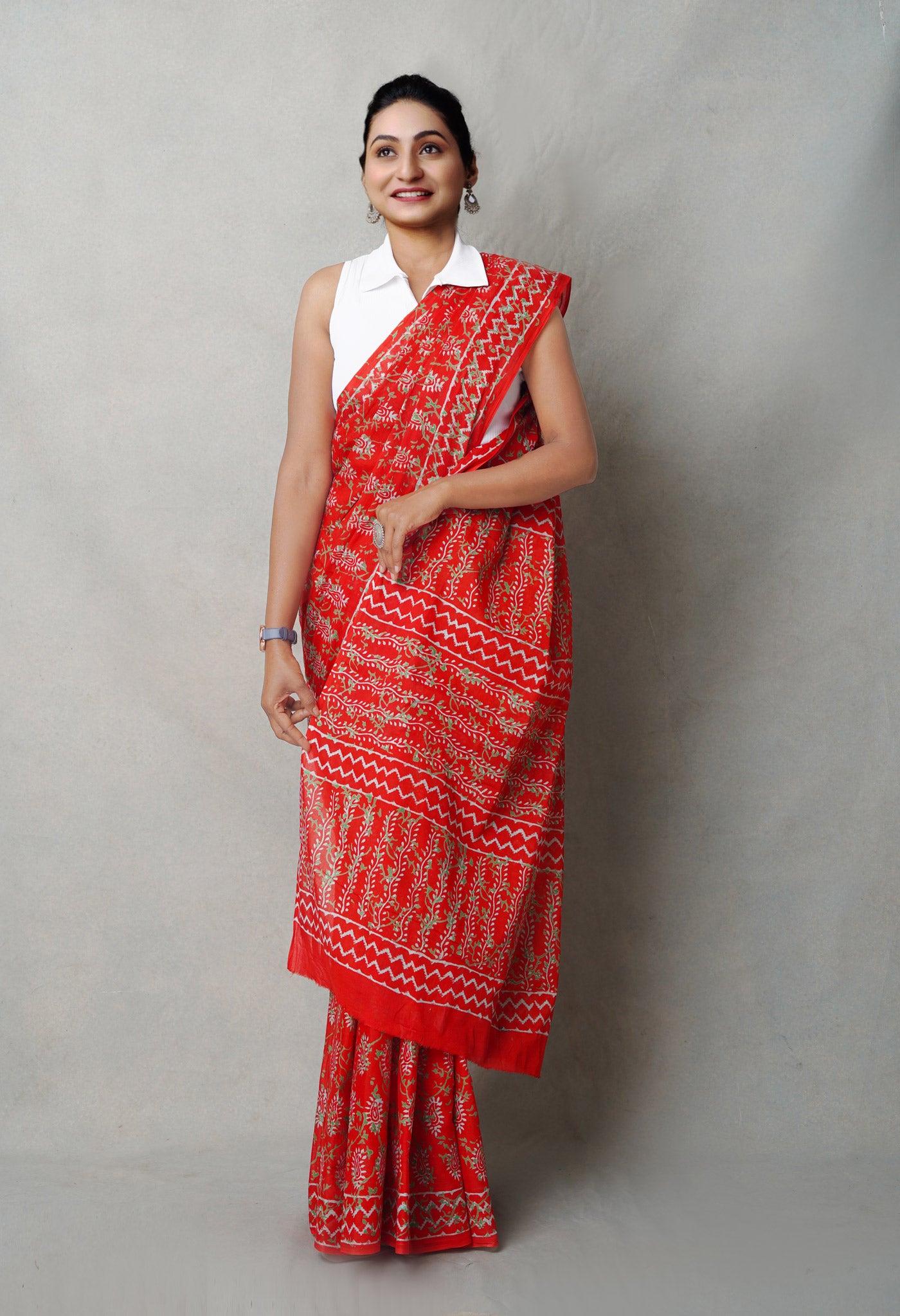 Red Pure  Napthol Hand Block Pinted Superfine Mulmul Cotton Saree