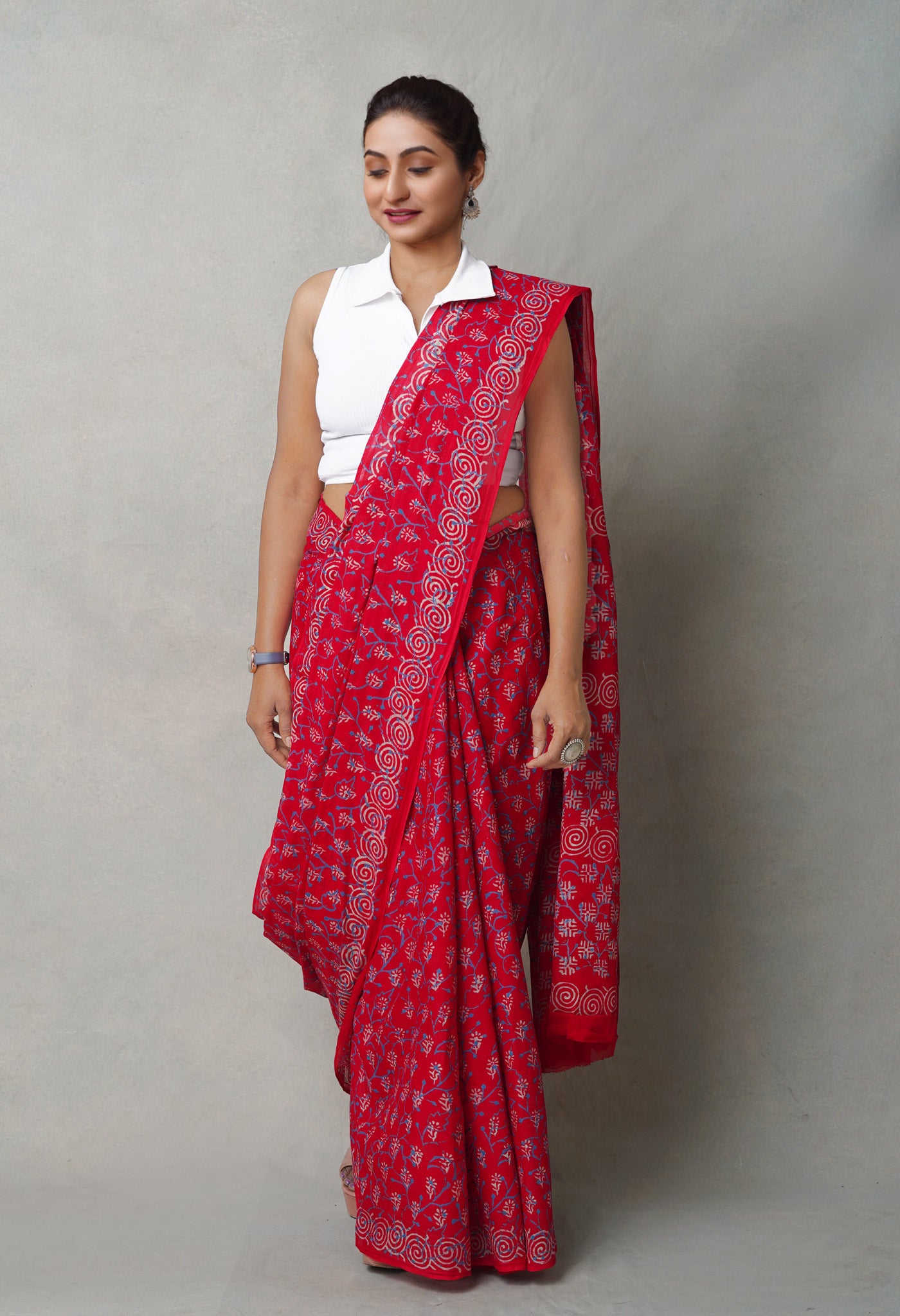 Red Pure  Napthol Hand Block Pinted Superfine Mulmul Cotton Saree