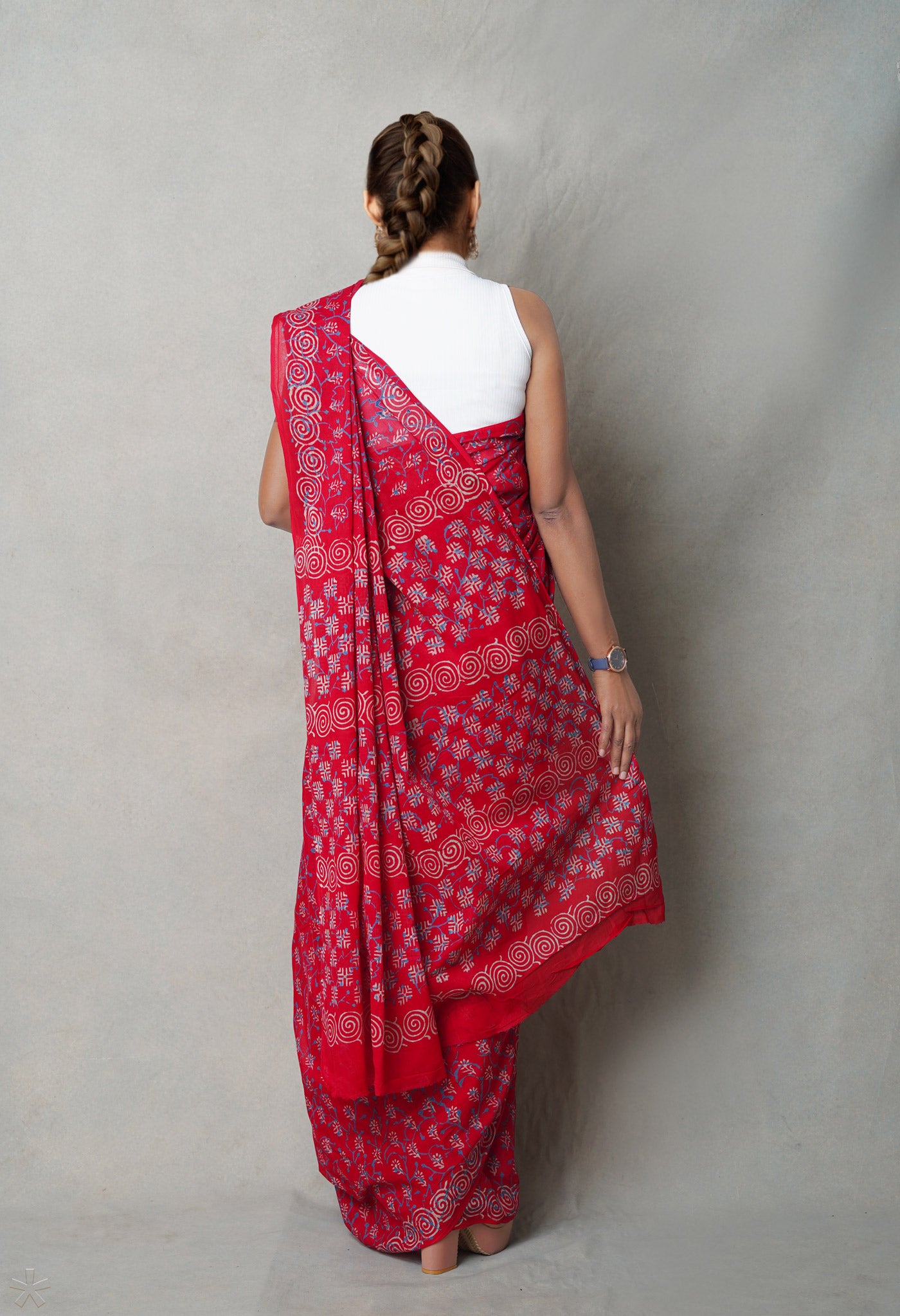 Red Pure  Napthol Hand Block Pinted Superfine Mulmul Cotton Saree