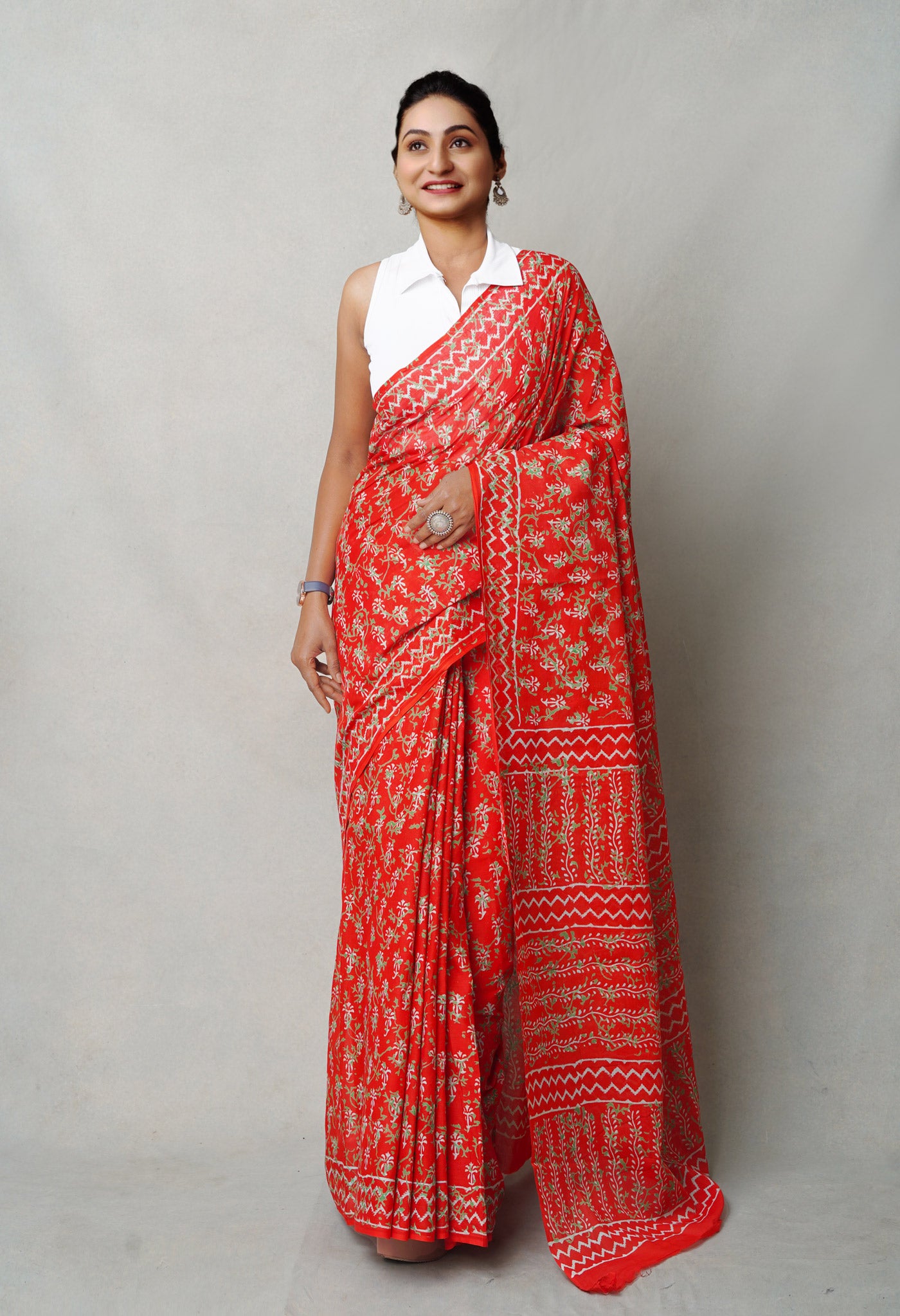 Red Pure  Napthol Hand Block Pinted Superfine Mulmul Cotton Saree