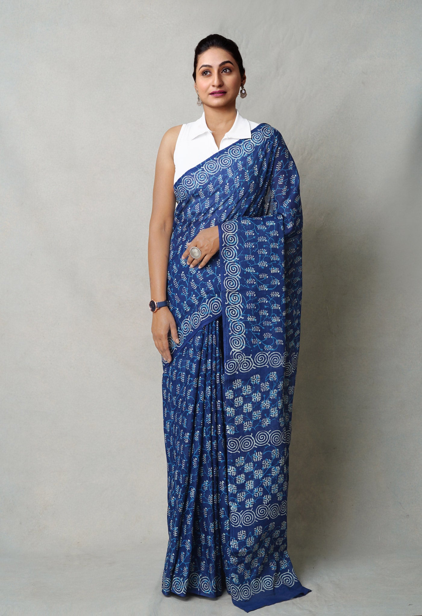 Navy Blue Pure  Napthol Hand Block Pinted Superfine Mulmul Cotton Saree