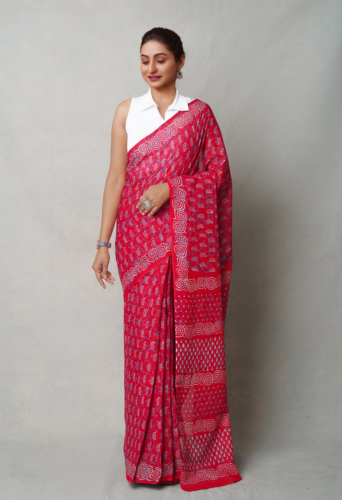 Red Pure  Napthol Hand Block Pinted Superfine Mulmul Cotton Saree