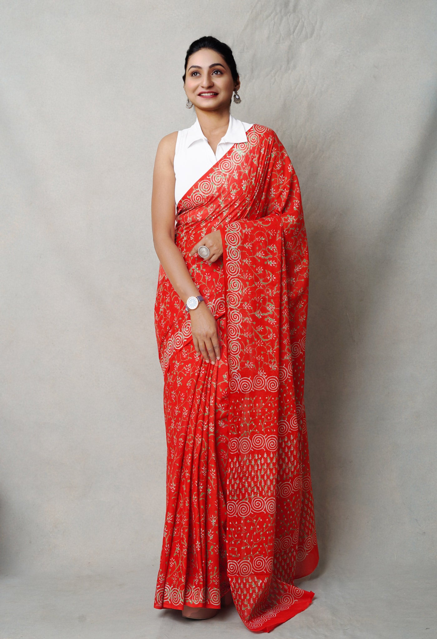 Red Pure  Napthol Hand Block Pinted Superfine Mulmul Cotton Saree-