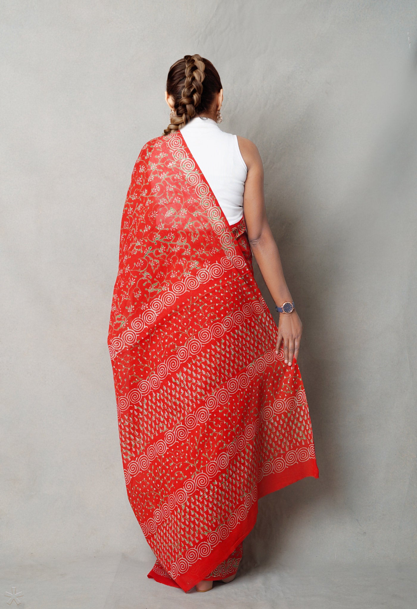 Red Pure  Napthol Hand Block Pinted Superfine Mulmul Cotton Saree-