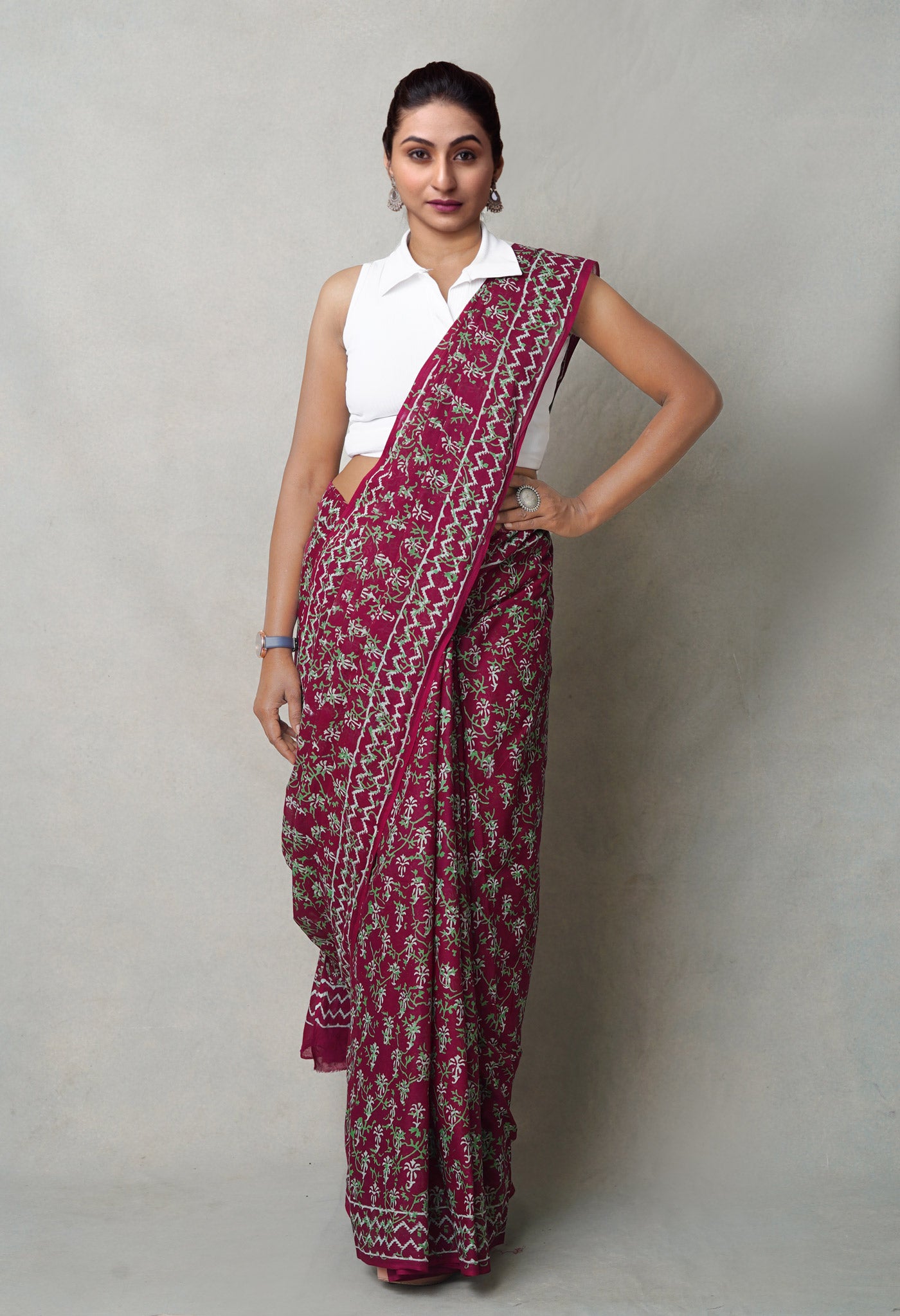 Maroon Pure  Napthol Hand Block Pinted Superfine Mulmul Cotton Saree