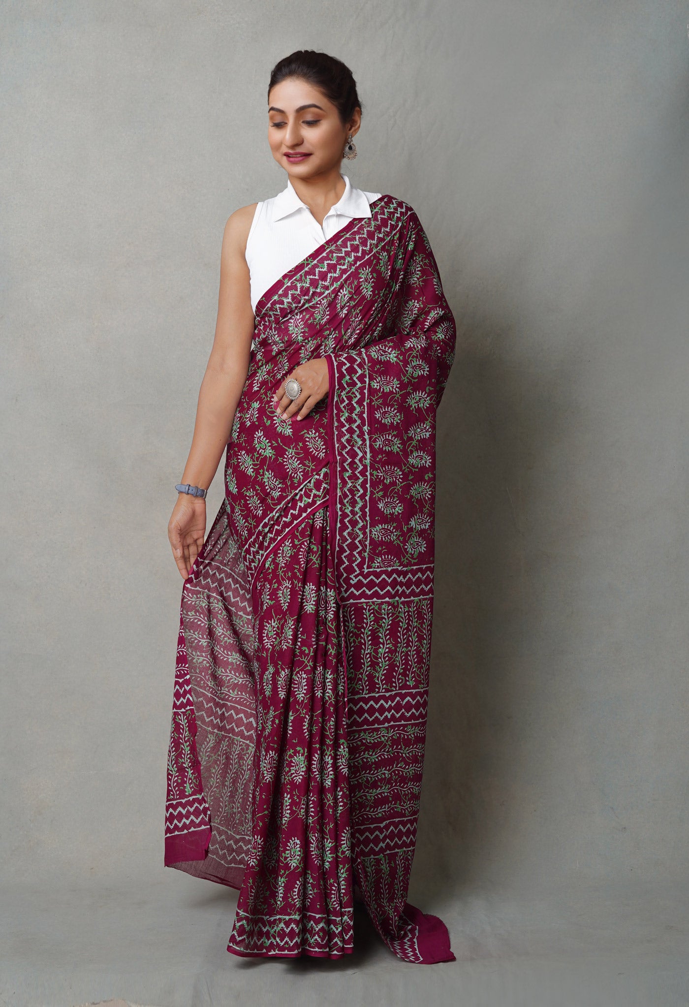 Maroon Pure  Napthol Hand Block Pinted Superfine Mulmul Cotton Saree