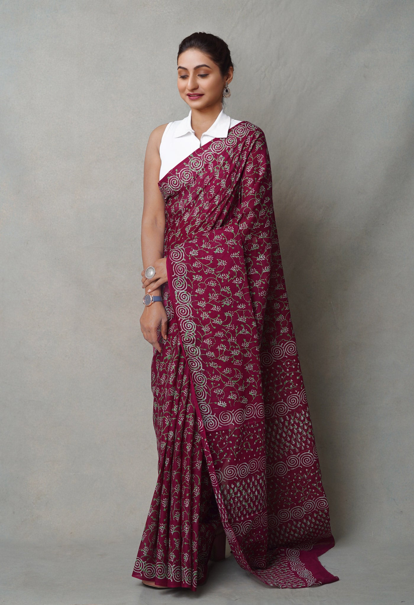 Maroon Pure  Napthol Hand Block Pinted Superfine Mulmul Cotton Saree