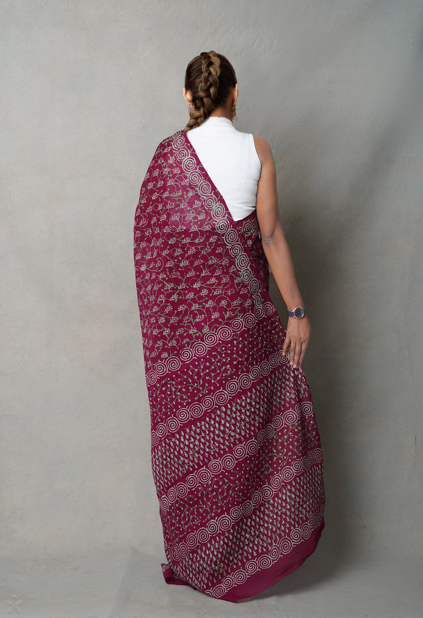 Maroon Pure  Napthol Hand Block Pinted Superfine Mulmul Cotton Saree