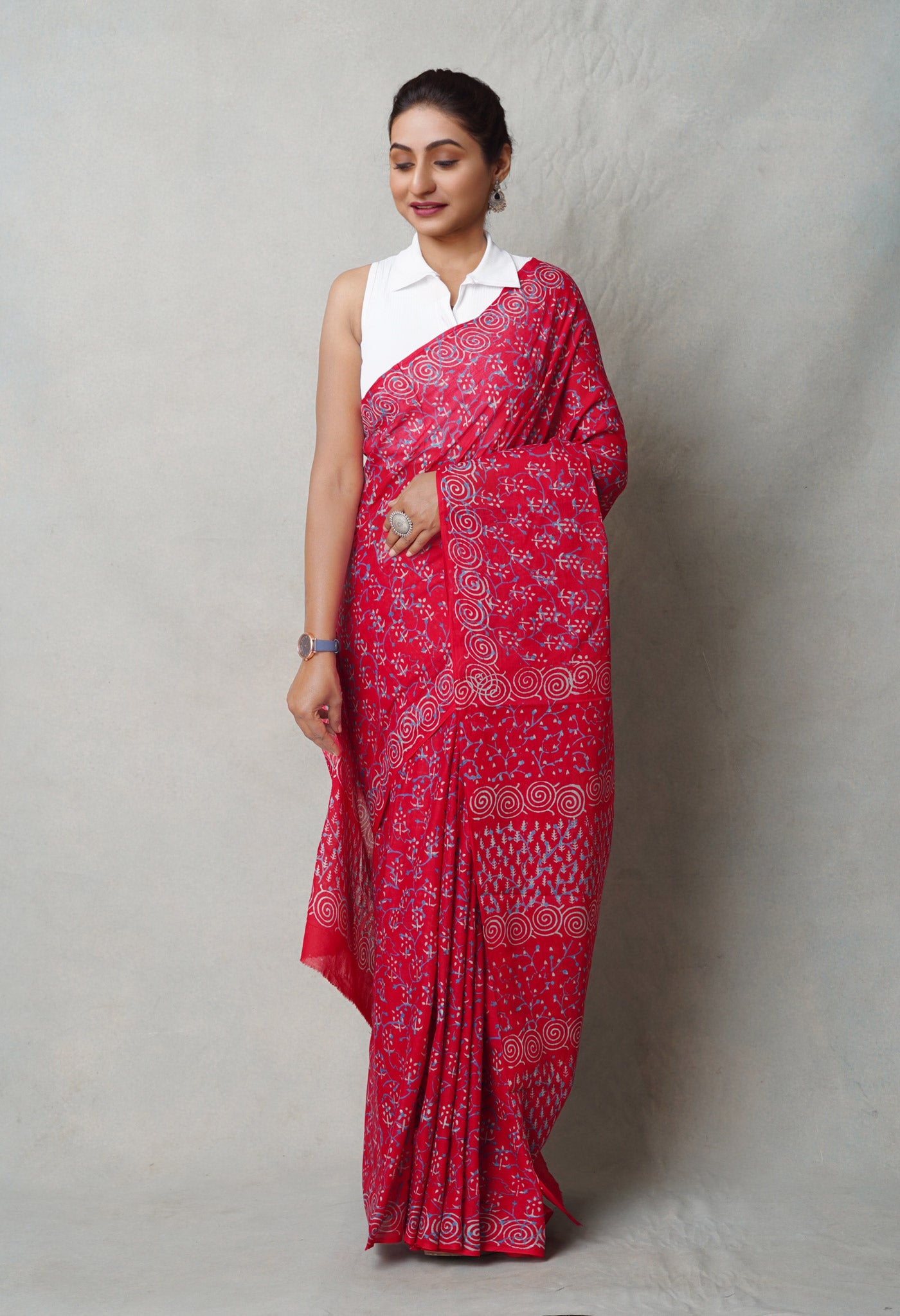 Red Pure  Napthol Hand Block Pinted Superfine Mulmul Cotton Saree