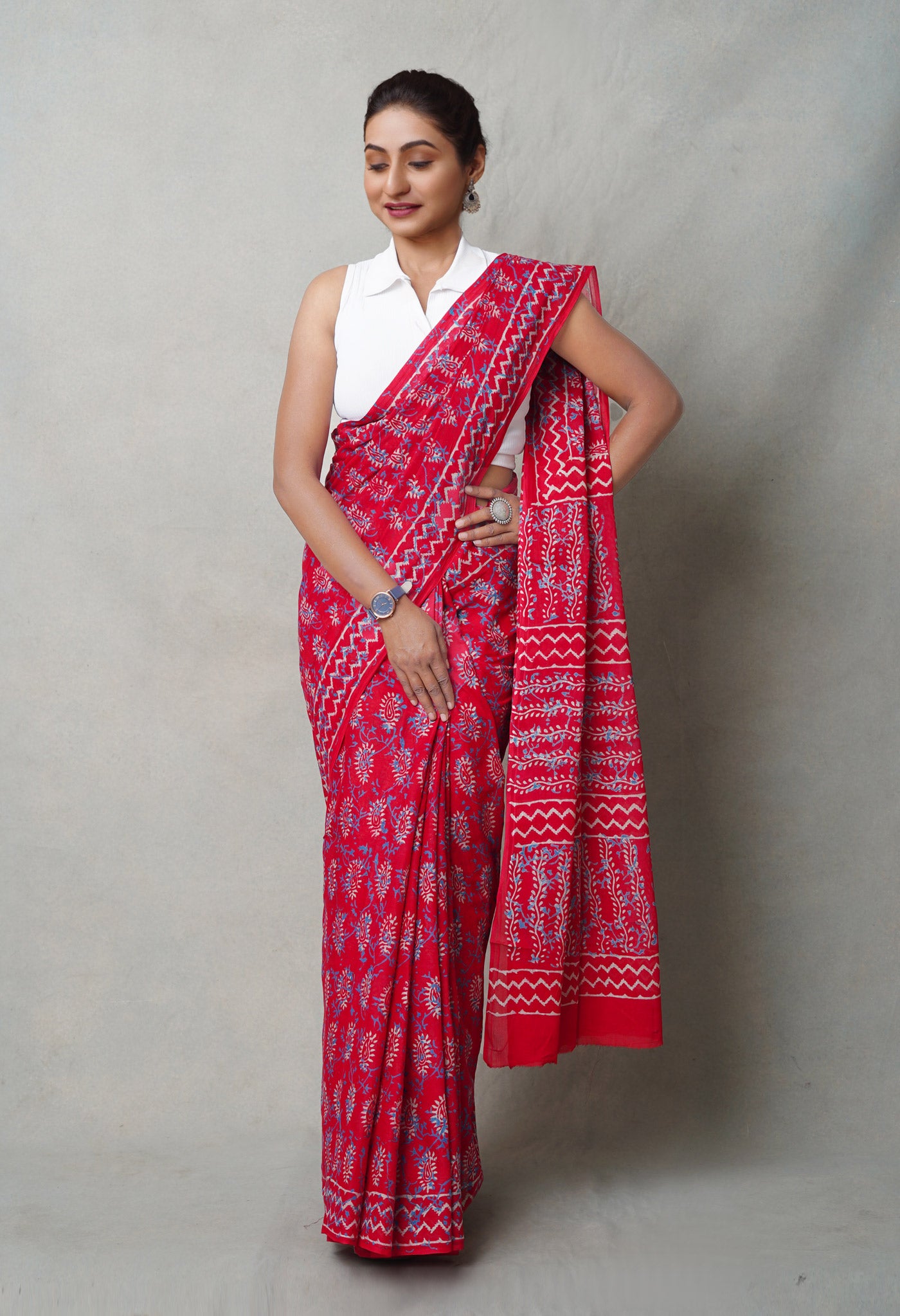 Red Pure  Napthol Hand Block Pinted Superfine Mulmul Cotton Saree