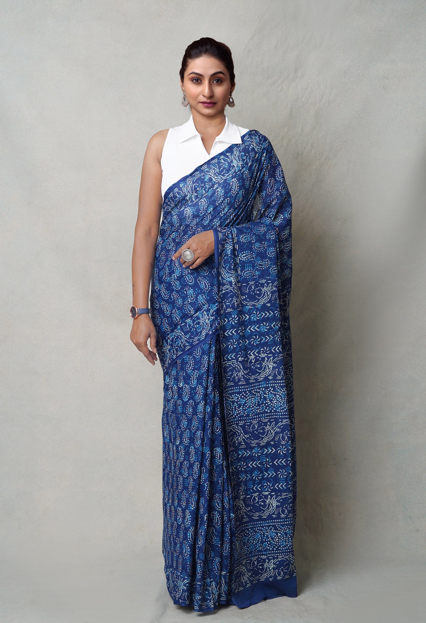 Navy Blue Pure Napthol Hand Block Pinted Superfine Mulmul Cotton Saree-UNM77105