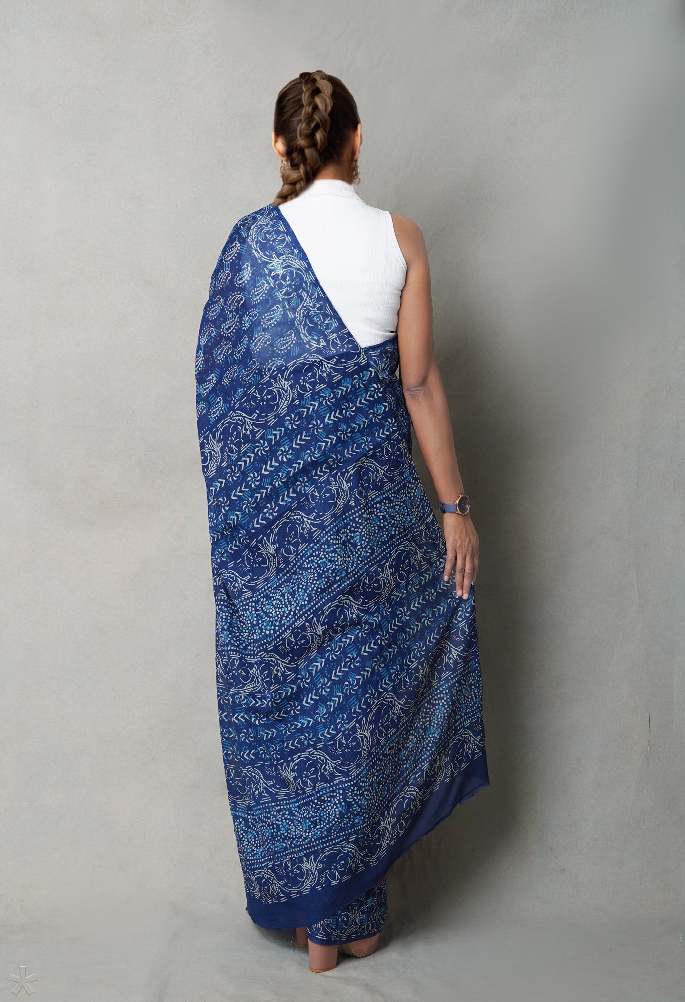 Navy Blue Pure Napthol Hand Block Pinted Superfine Mulmul Cotton Saree-UNM77105