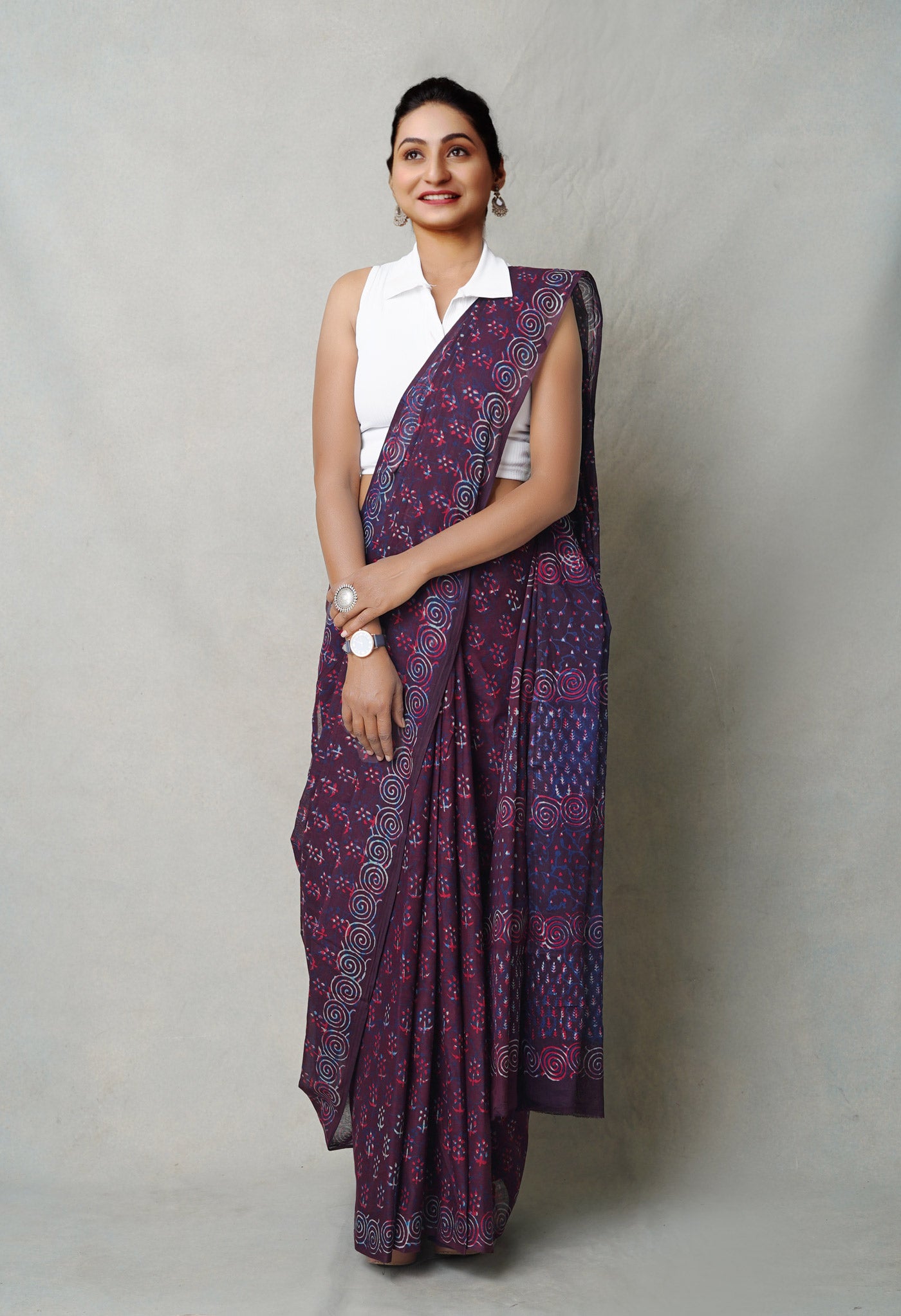 Dark Purple Pure Napthol Hand Block Pinted Superfine Mulmul Cotton Saree