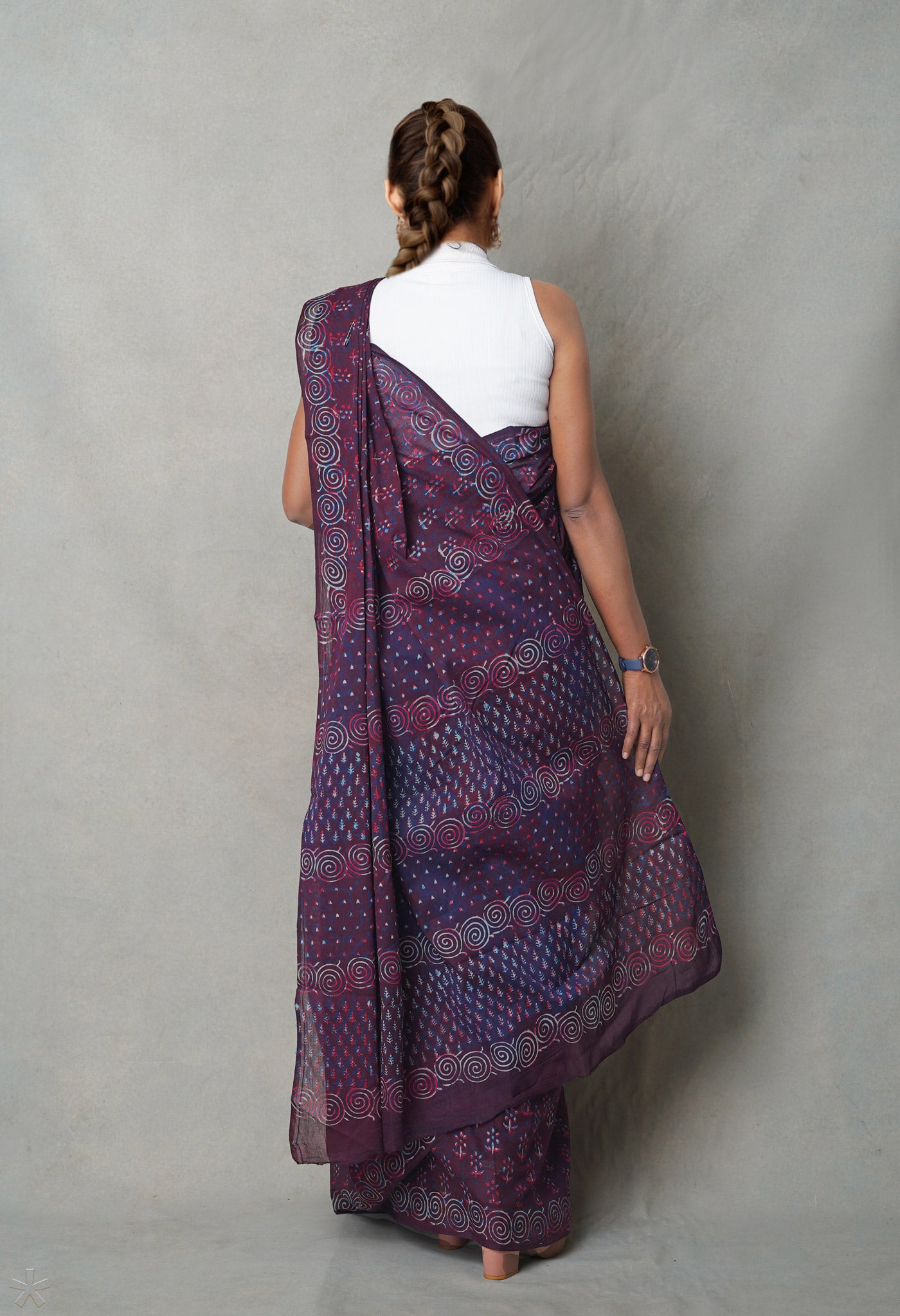 Dark Purple Pure  Napthol Hand Block Pinted Superfine Mulmul Cotton Saree