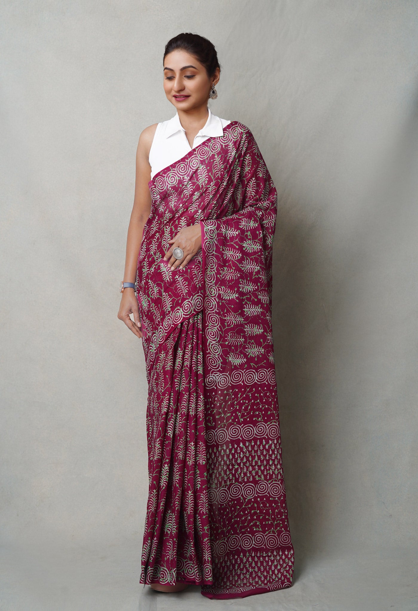 Maroon Pure  Napthol Hand Block Pinted Superfine Mulmul Cotton Saree