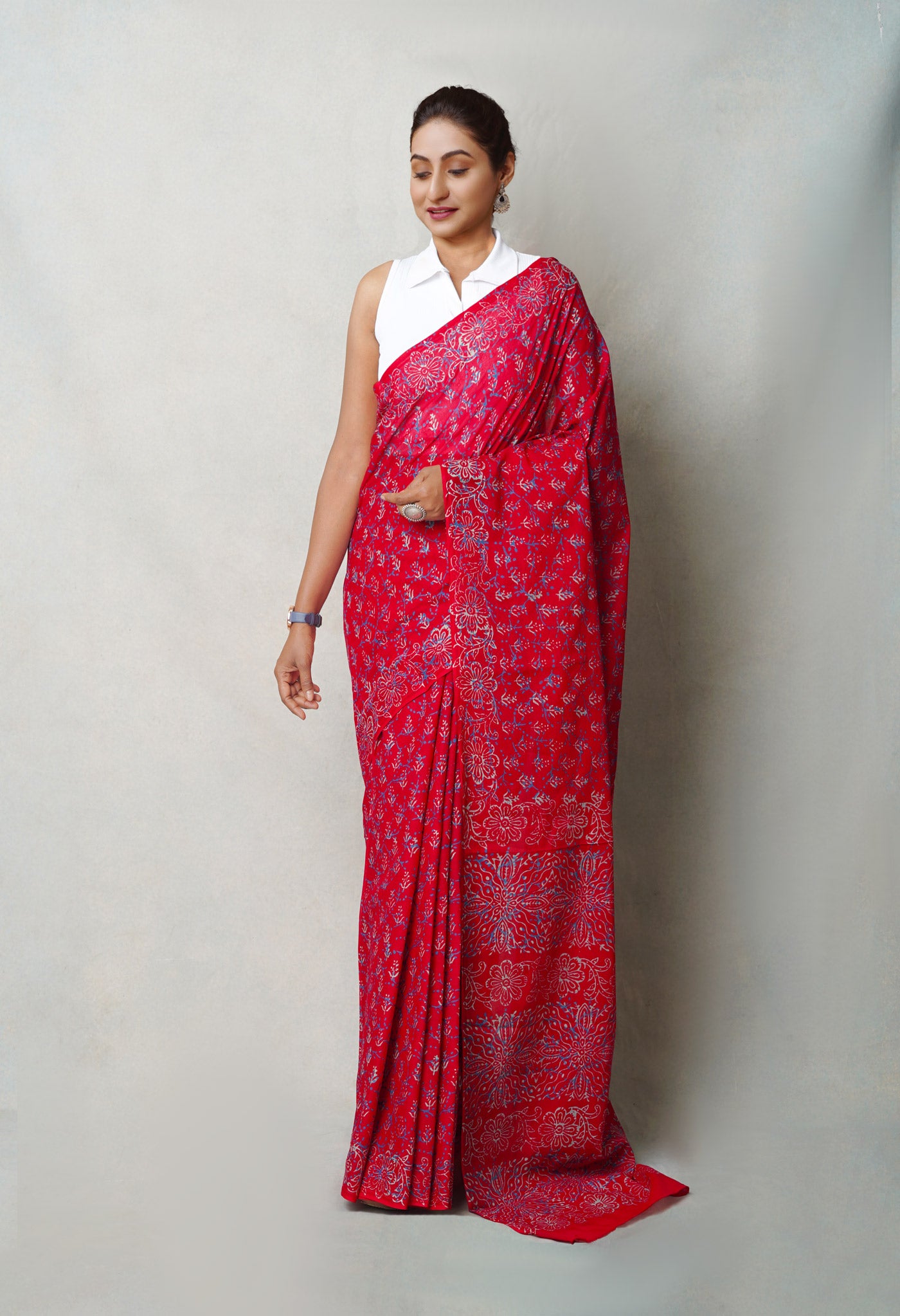 Red Pure  Napthol Hand Block Pinted Superfine Mulmul Cotton Saree