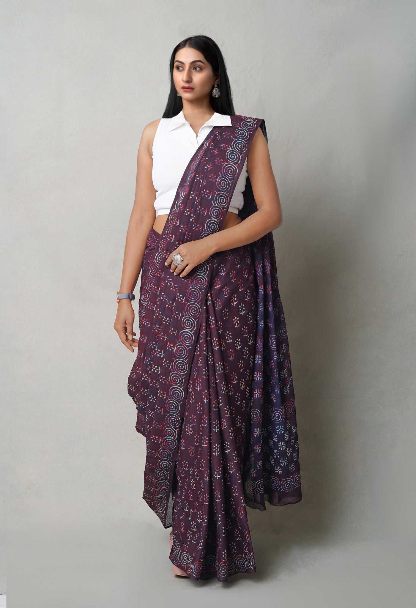 Dark Purple Pure  Napthol Hand Block Pinted Superfine Mulmul Cotton Saree