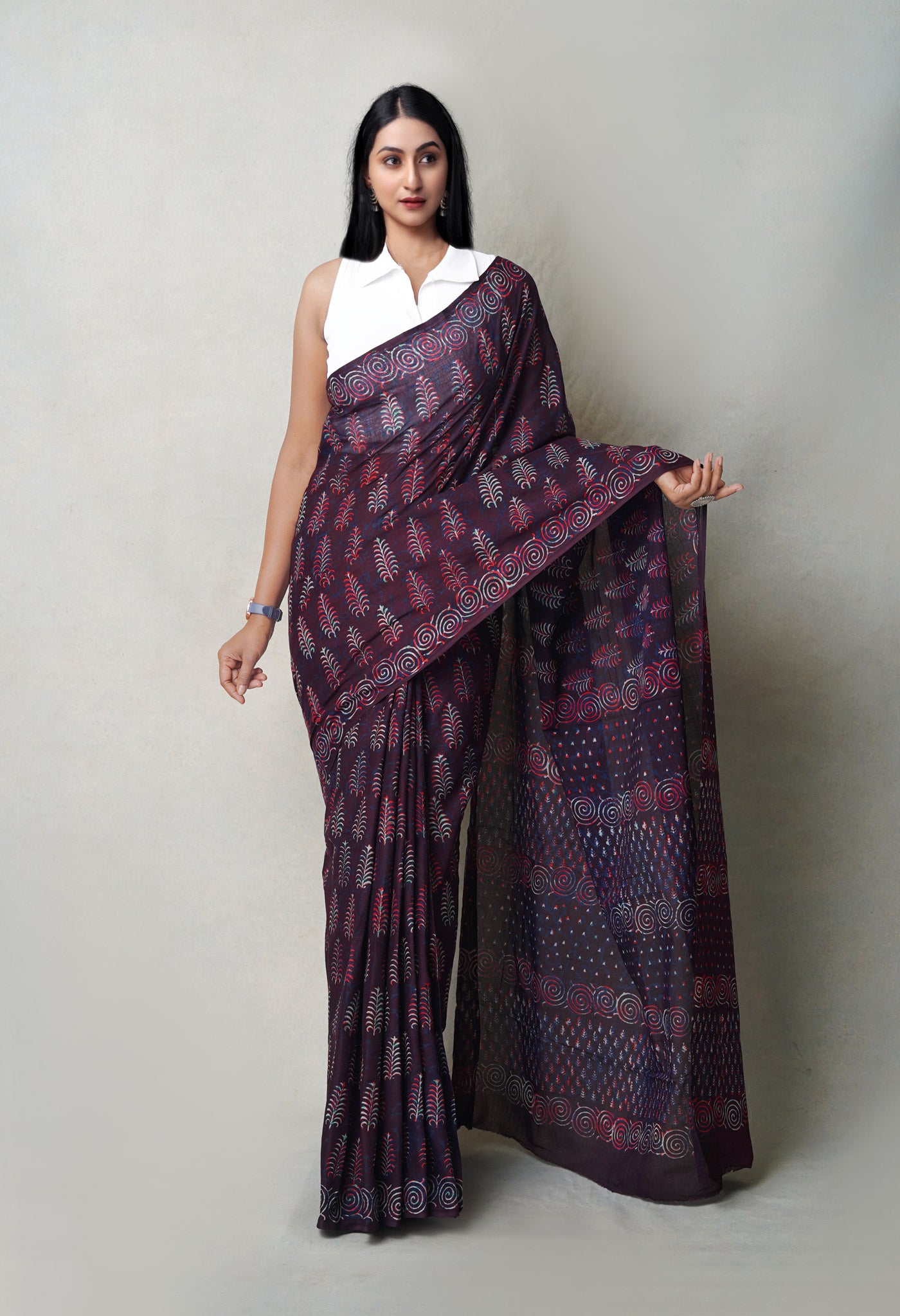 Dark Purple Pure  Napthol Hand Block Pinted Superfine Mulmul Cotton Saree