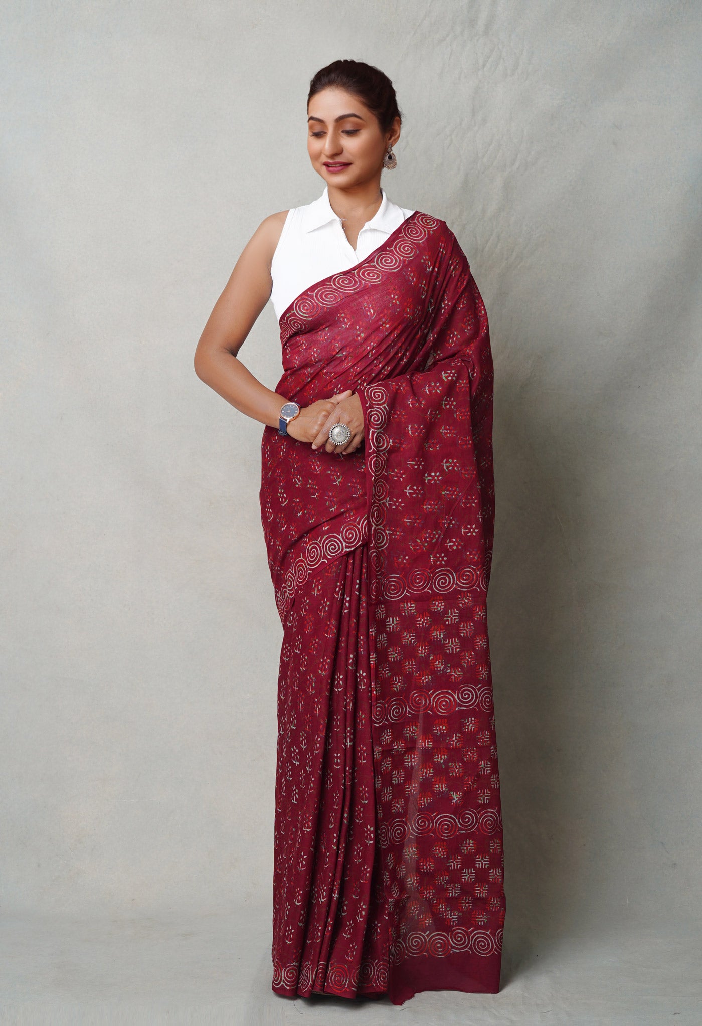 Maroon Pure  Napthol Hand Block Pinted Superfine Mulmul Cotton Saree