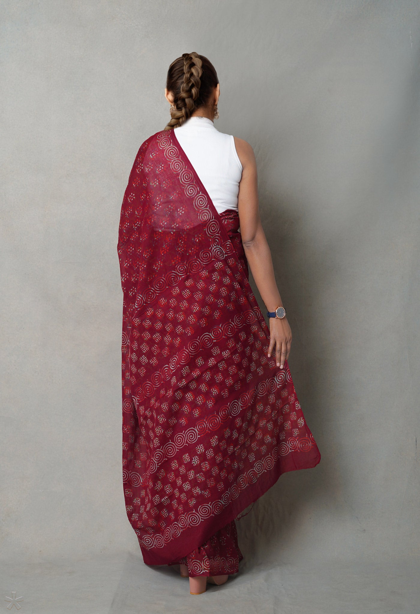 Maroon Pure Napthol Hand Block Pinted Superfine Mulmul Cotton Saree