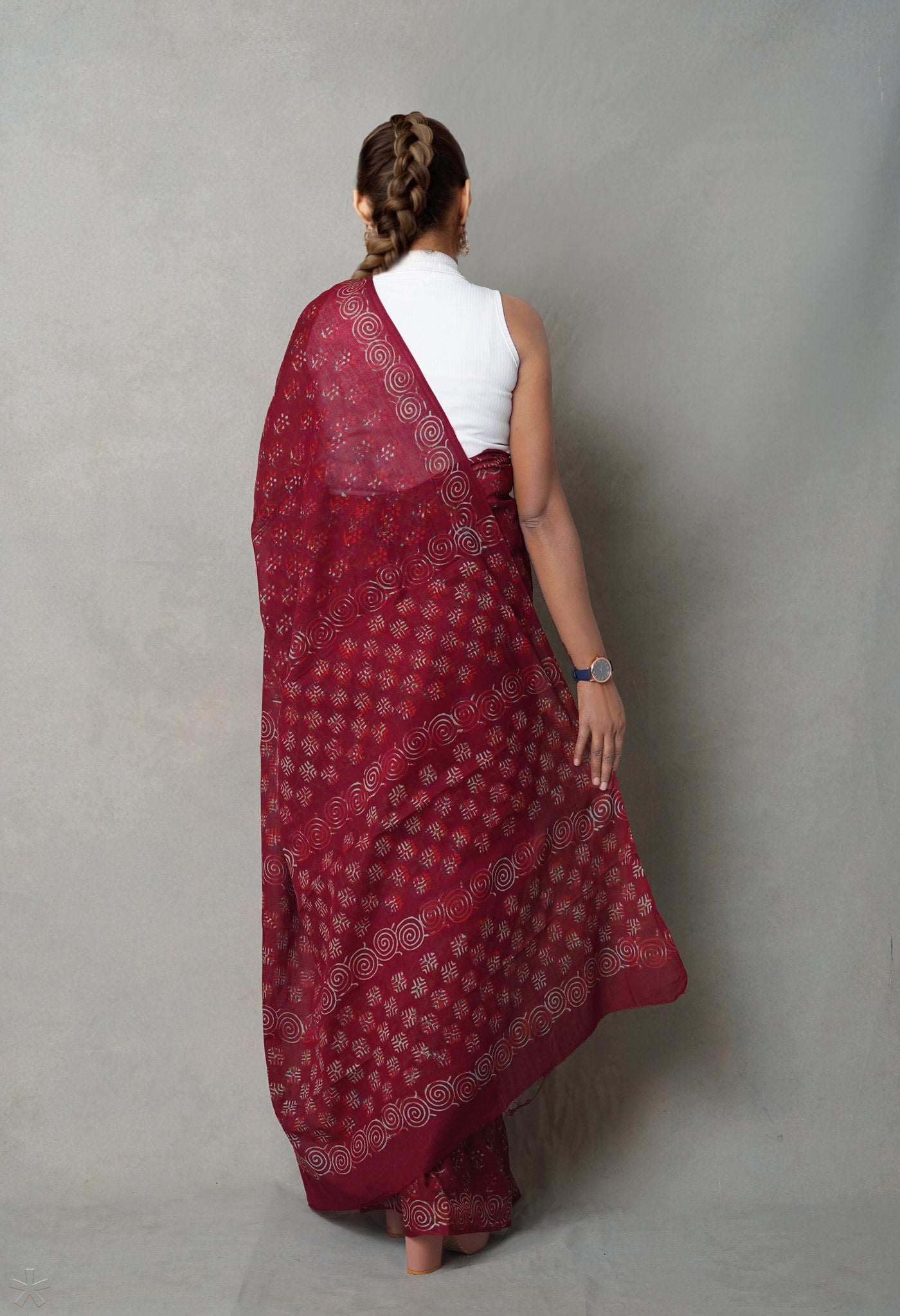 Maroon Pure  Napthol Hand Block Pinted Superfine Mulmul Cotton Saree