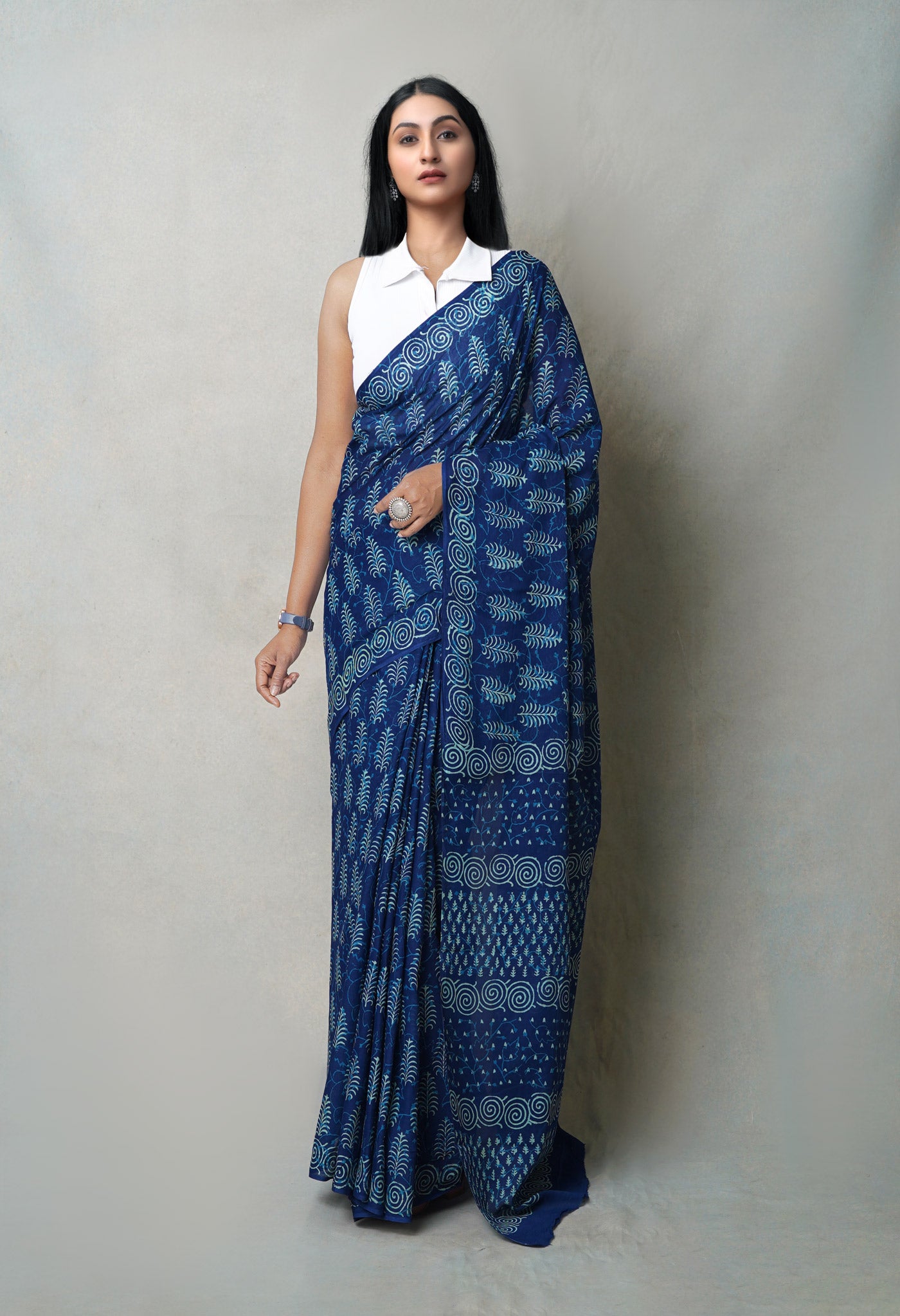 Navy Blue Pure  Napthol Hand Block Pinted Superfine Mulmul Cotton Saree