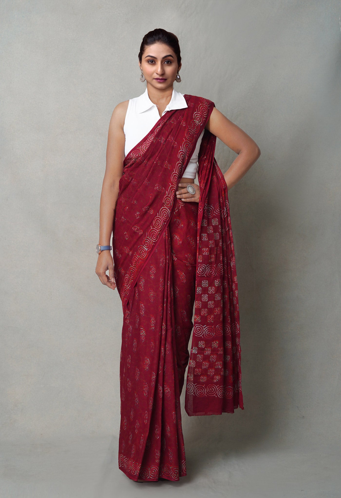 Maroon Pure  Napthol Hand Block Pinted Superfine Mulmul Cotton Saree