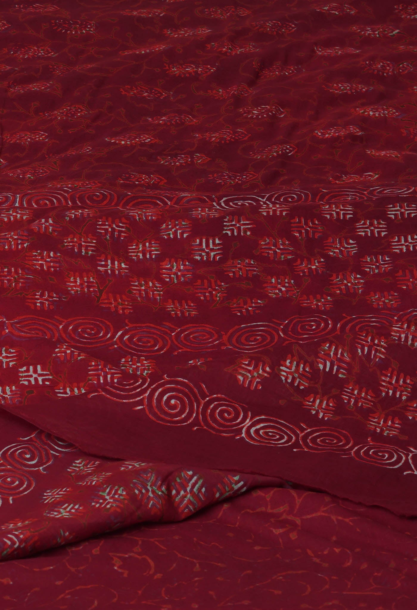 Maroon Pure  Napthol Hand Block Pinted Superfine Mulmul Cotton Saree