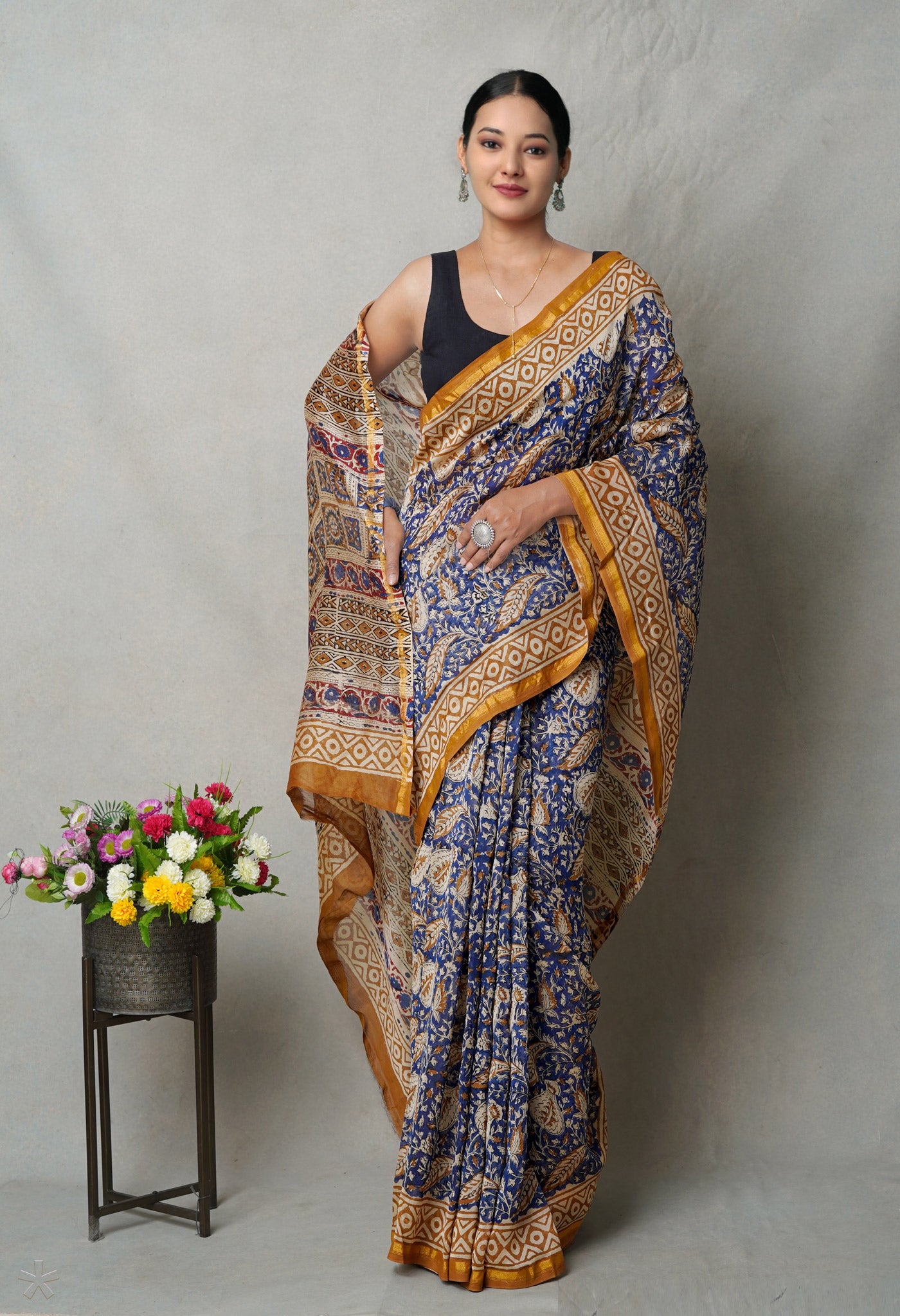 Blue Pure  Bagru Printed Chanderi Sico Saree