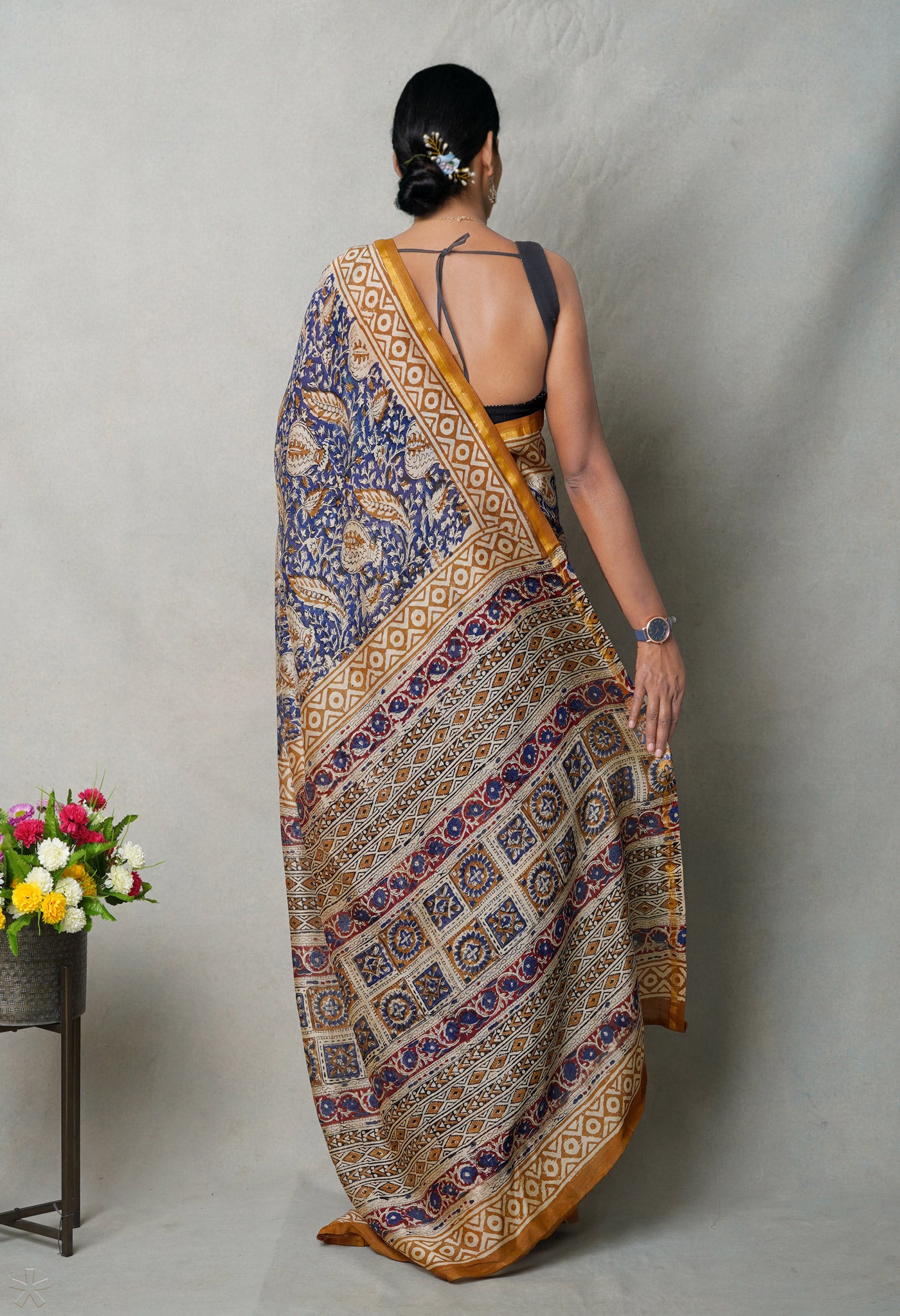 Blue Pure  Bagru Printed Chanderi Sico Saree