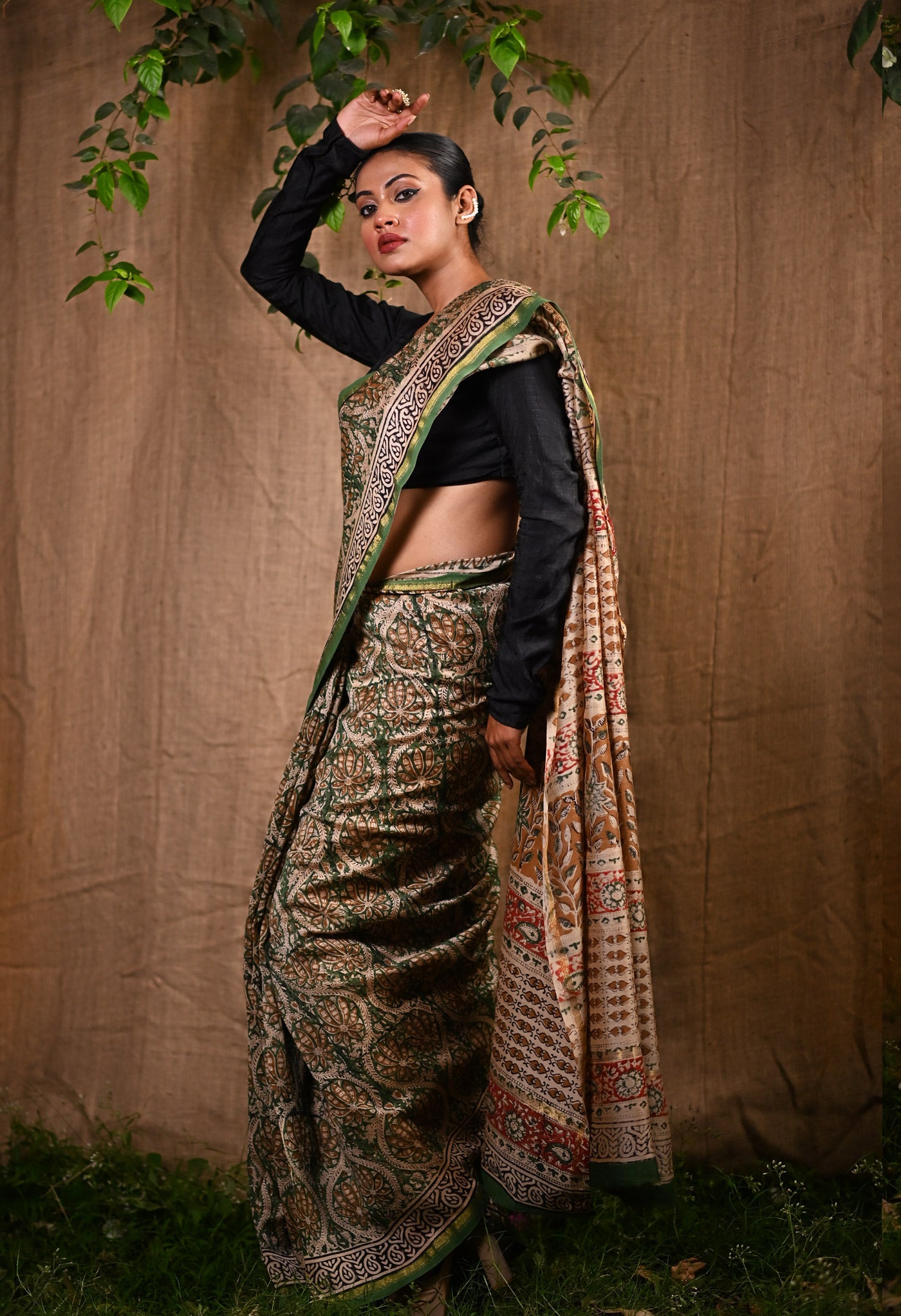 Green Pure Bagru Kalamkari Printed Chanderi Sico Saree-UNM77120