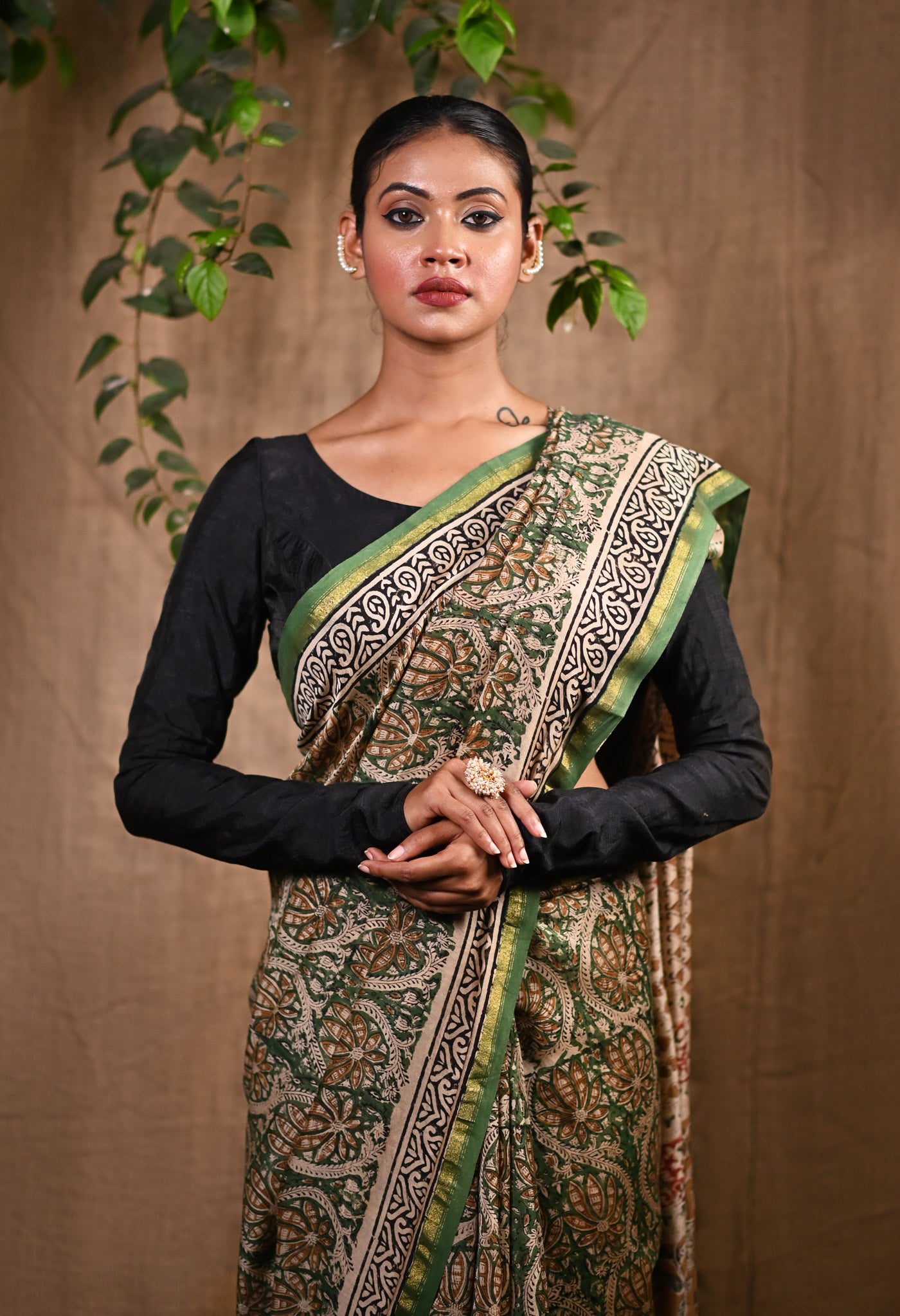 Green Pure Bagru Kalamkari Printed Chanderi Sico Saree-UNM77120