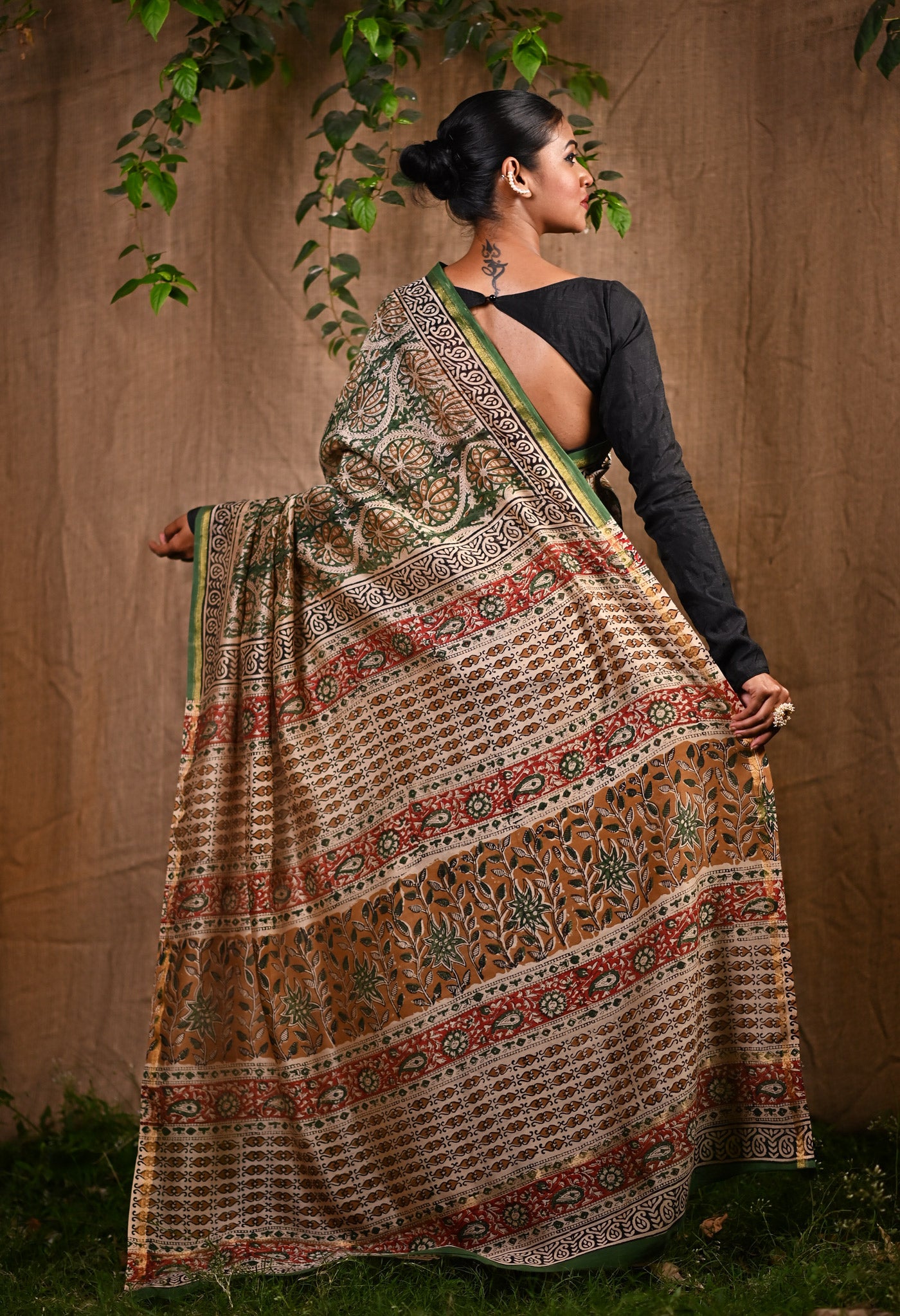 Green Pure Bagru Kalamkari Printed Chanderi Sico Saree-UNM77120