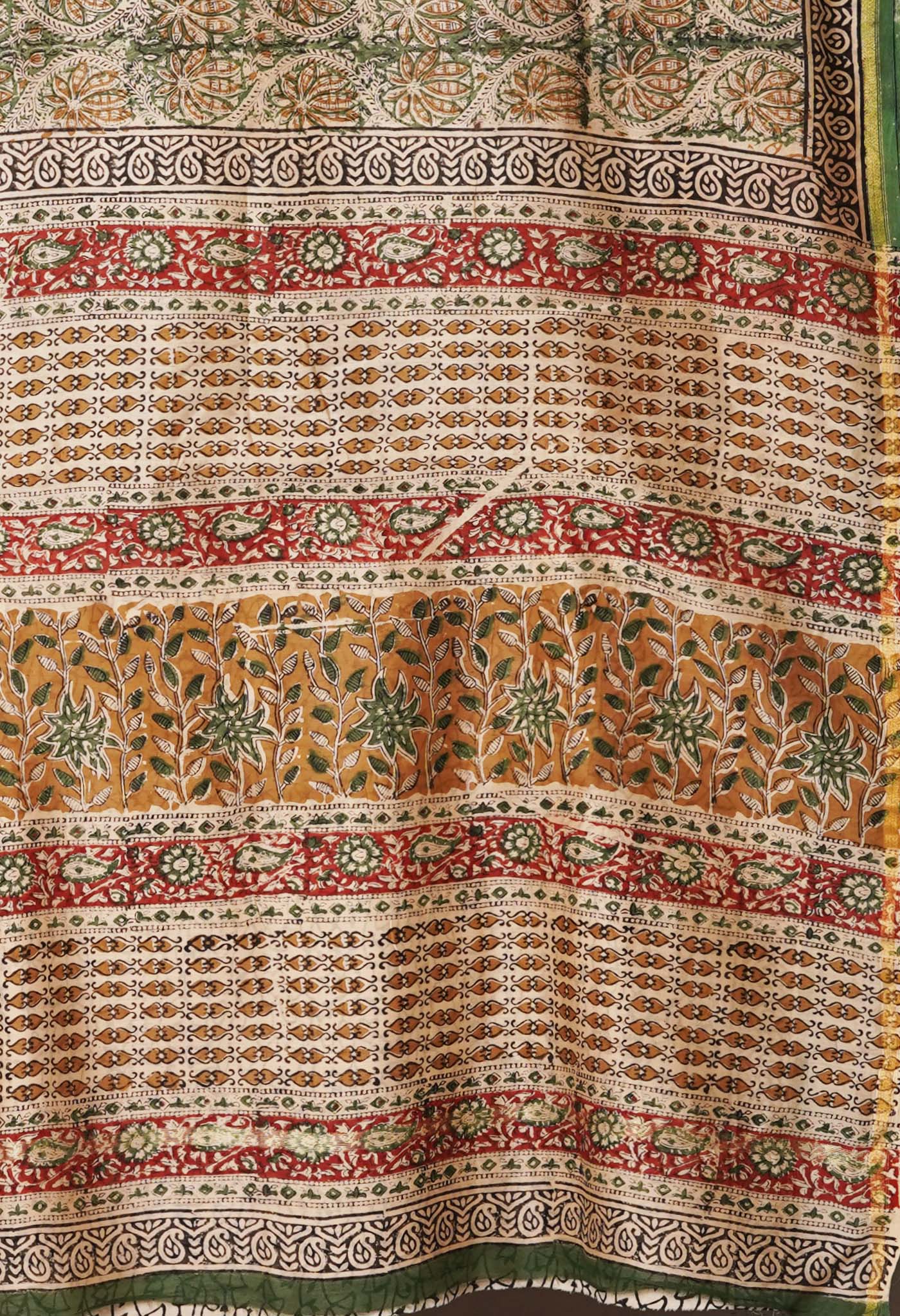 Green Pure Bagru Kalamkari Printed Chanderi Sico Saree-UNM77120