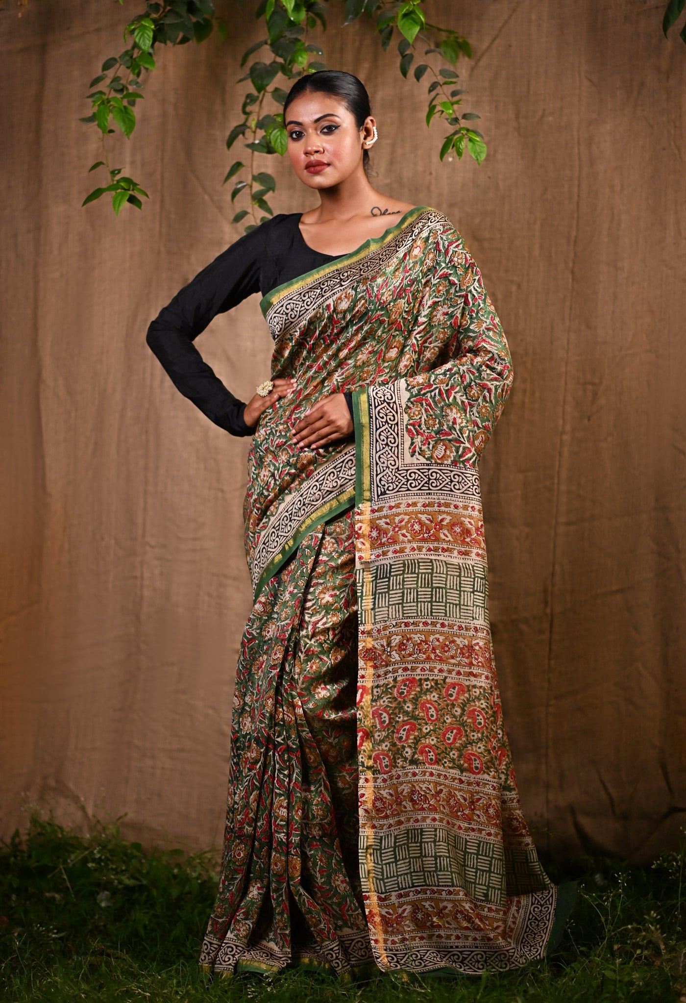 Green Pure Bagru Kalamkari Printed Chanderi Sico Saree-UNM77122