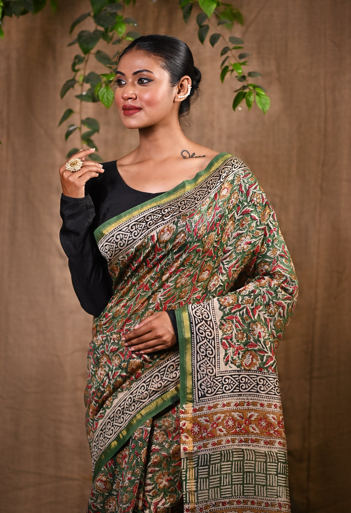 Green Pure Bagru Kalamkari Printed Chanderi Sico Saree-UNM77122