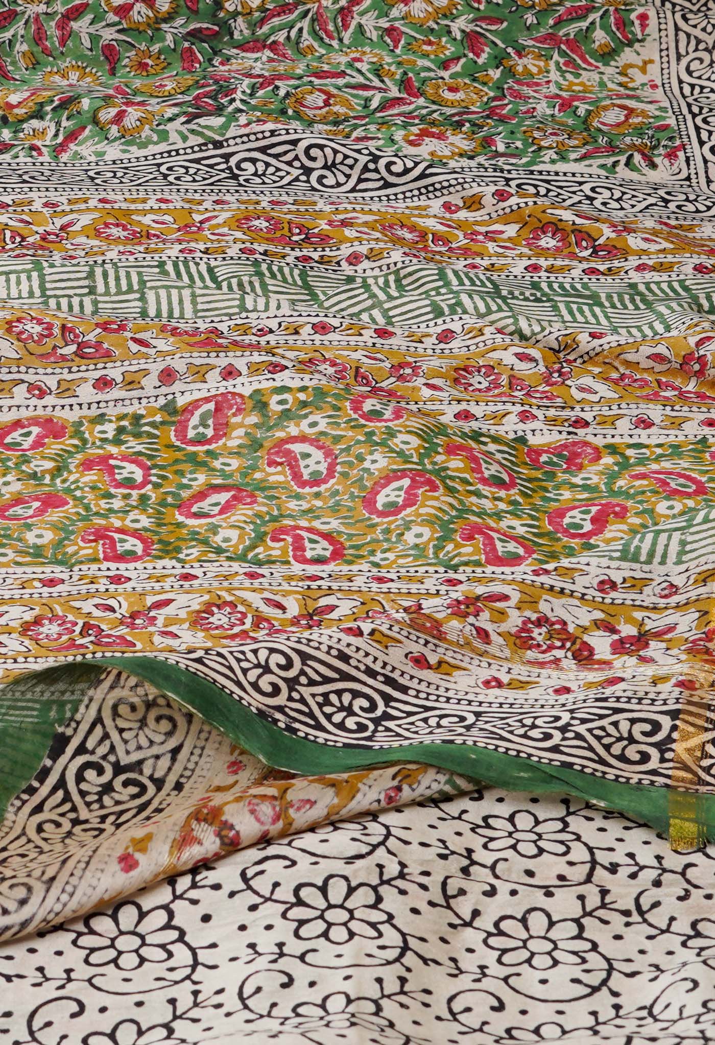 Green Pure Bagru Kalamkari Printed Chanderi Sico Saree-UNM77122