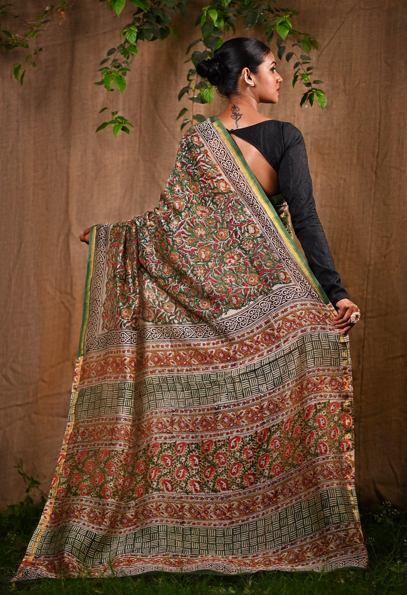 Green Pure Bagru Kalamkari Printed Chanderi Sico Saree-UNM77122
