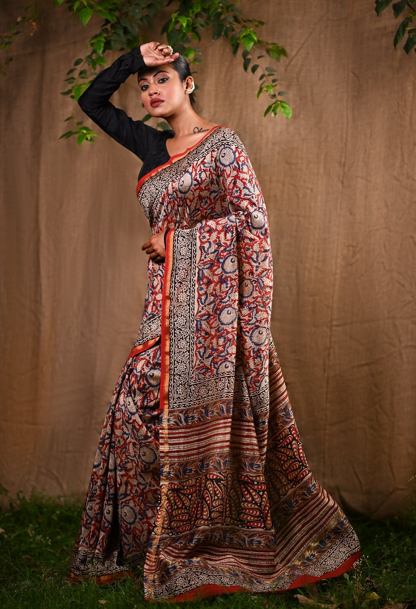 Red Pure Bagru Kalamkari Printed Chanderi Sico Saree-UNM77123
