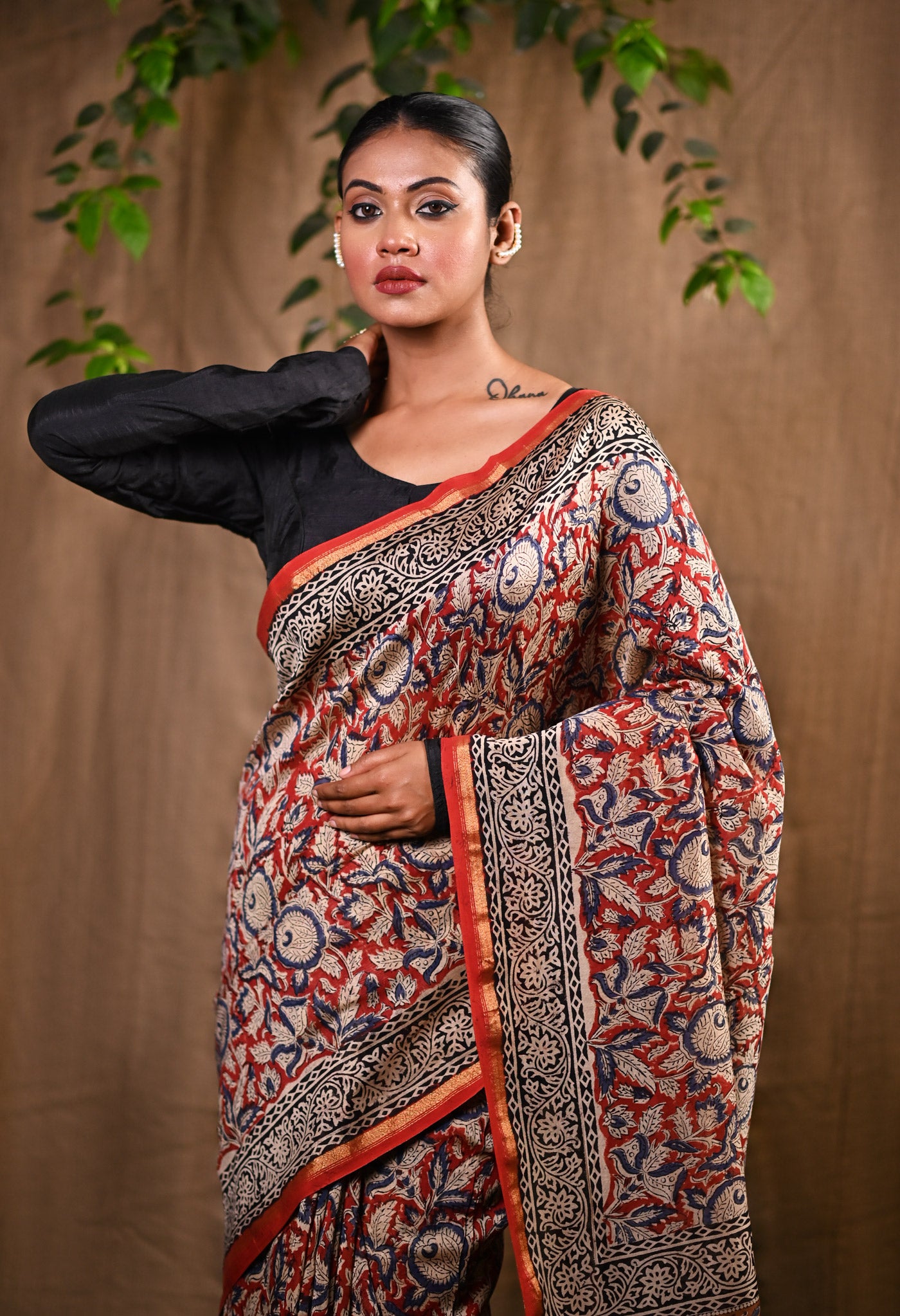 Red Pure Bagru Kalamkari Printed Chanderi Sico Saree-UNM77123