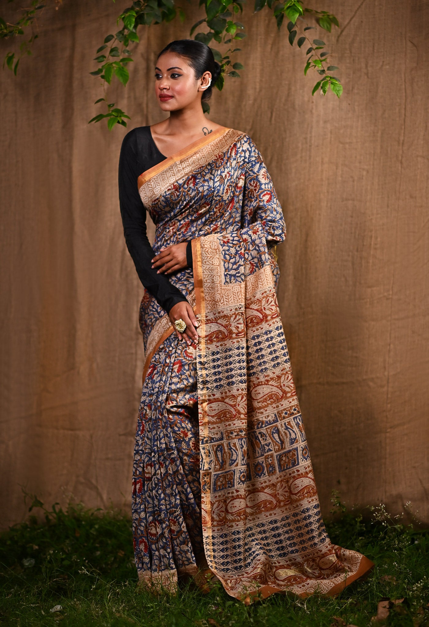 Blue Pure Bagru Kalamkari Printed Chanderi Sico Saree-UNM77124